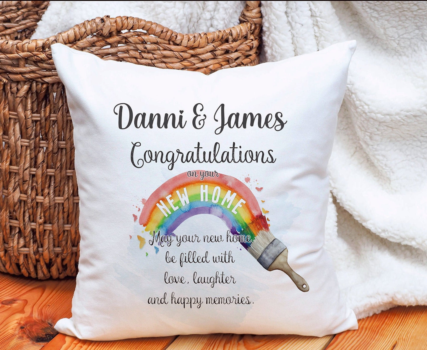 New Home Gift, New Home Personalised Cushion Gift, Rainbow Paintbrush New Home Gift