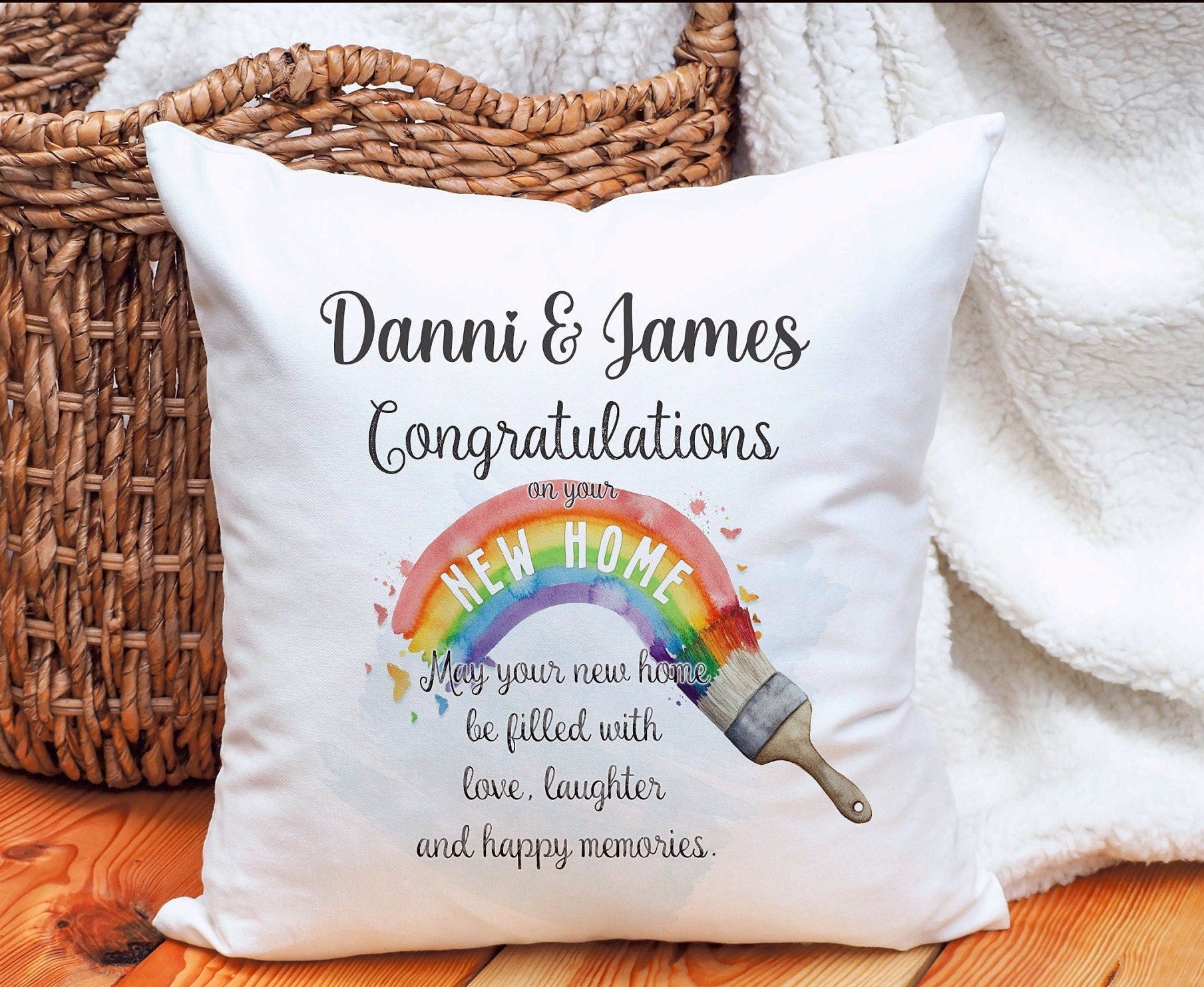 New Home Gift, New Home Personalised Cushion Gift, Rainbow Paintbrush New Home Gift