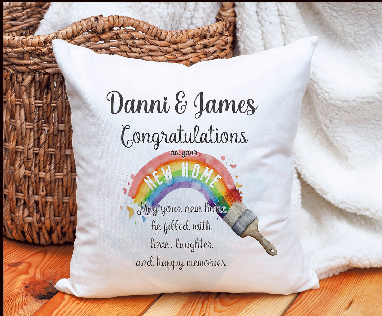 New Home Gift, New Home Personalised Cushion Gift, Rainbow Paintbrush New Home Gift