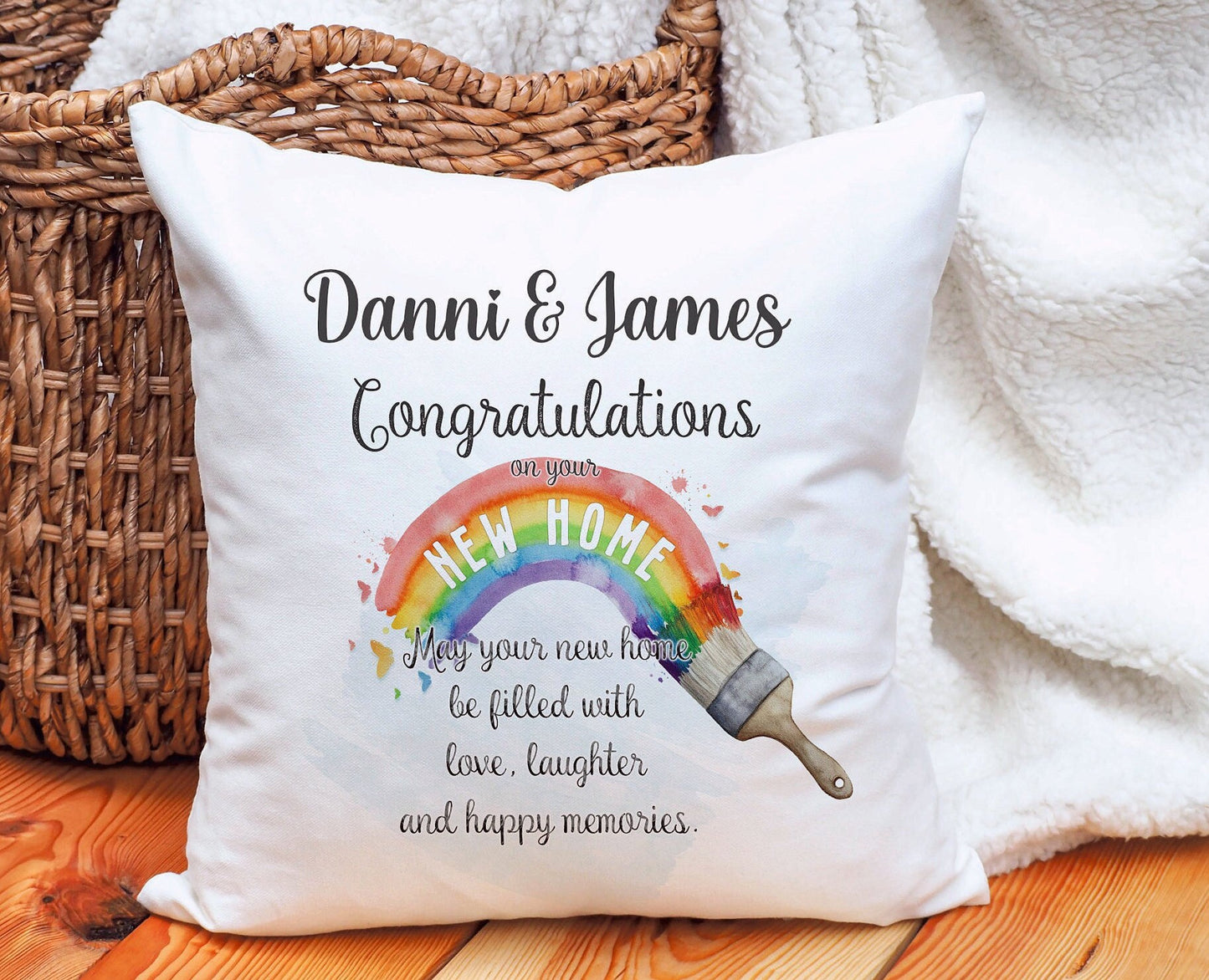New Home Gift, New Home Personalised Cushion Gift, Rainbow Paintbrush New Home Gift