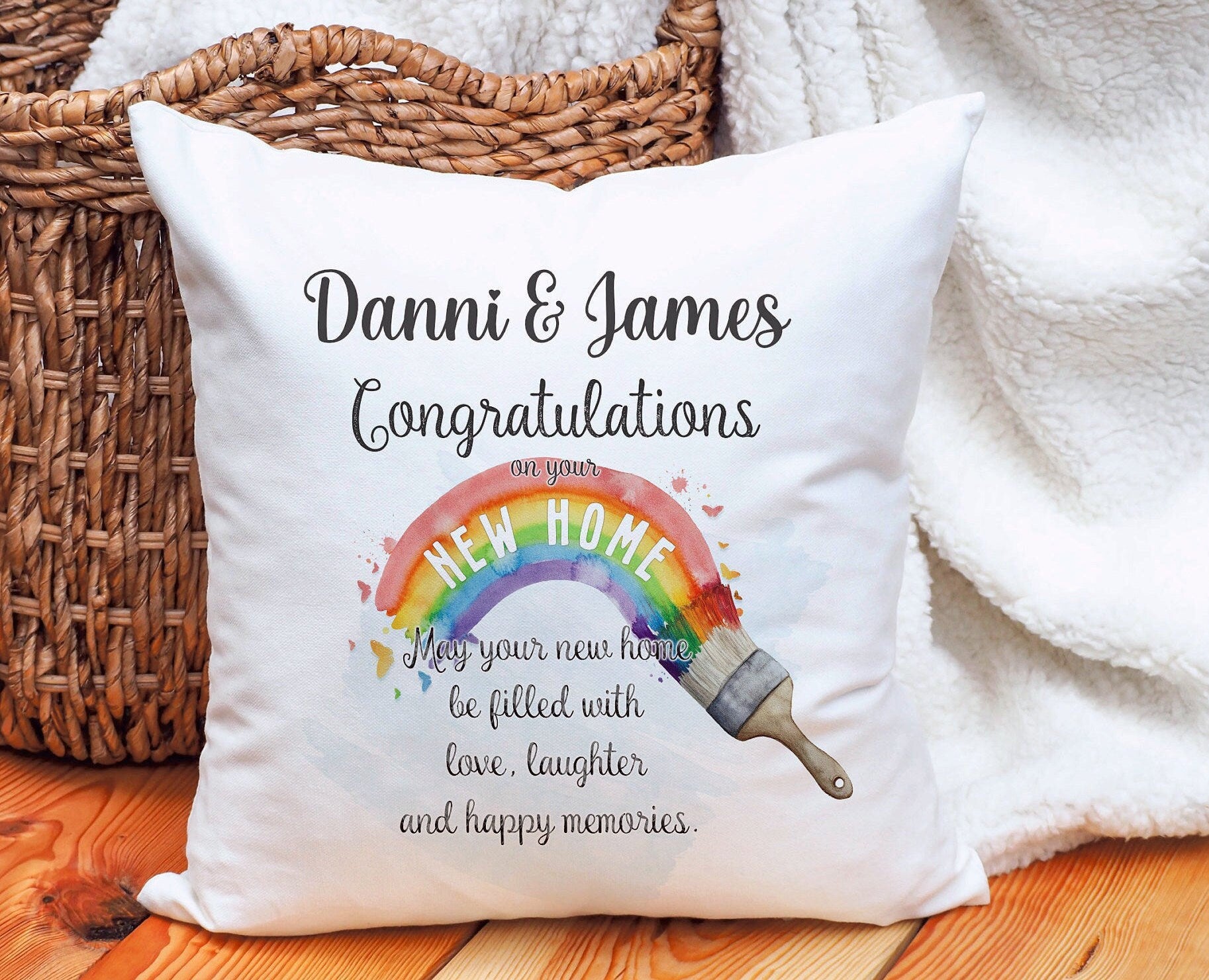 New Home Gift, New Home Personalised Cushion Gift, Rainbow Paintbrush New Home Gift