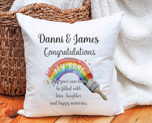 New Home Gift, New Home Personalised Cushion Gift, Rainbow Paintbrush New Home Gift