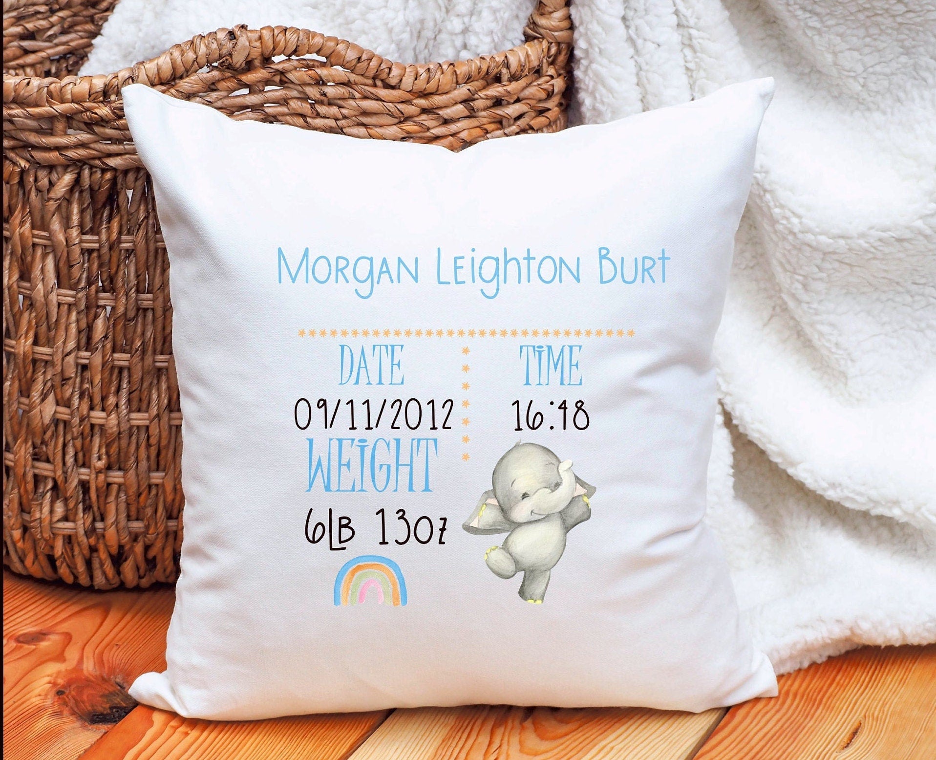 New Baby Gift, Birth Detailed Cushion, Personalised New Baby Birth Elephant design