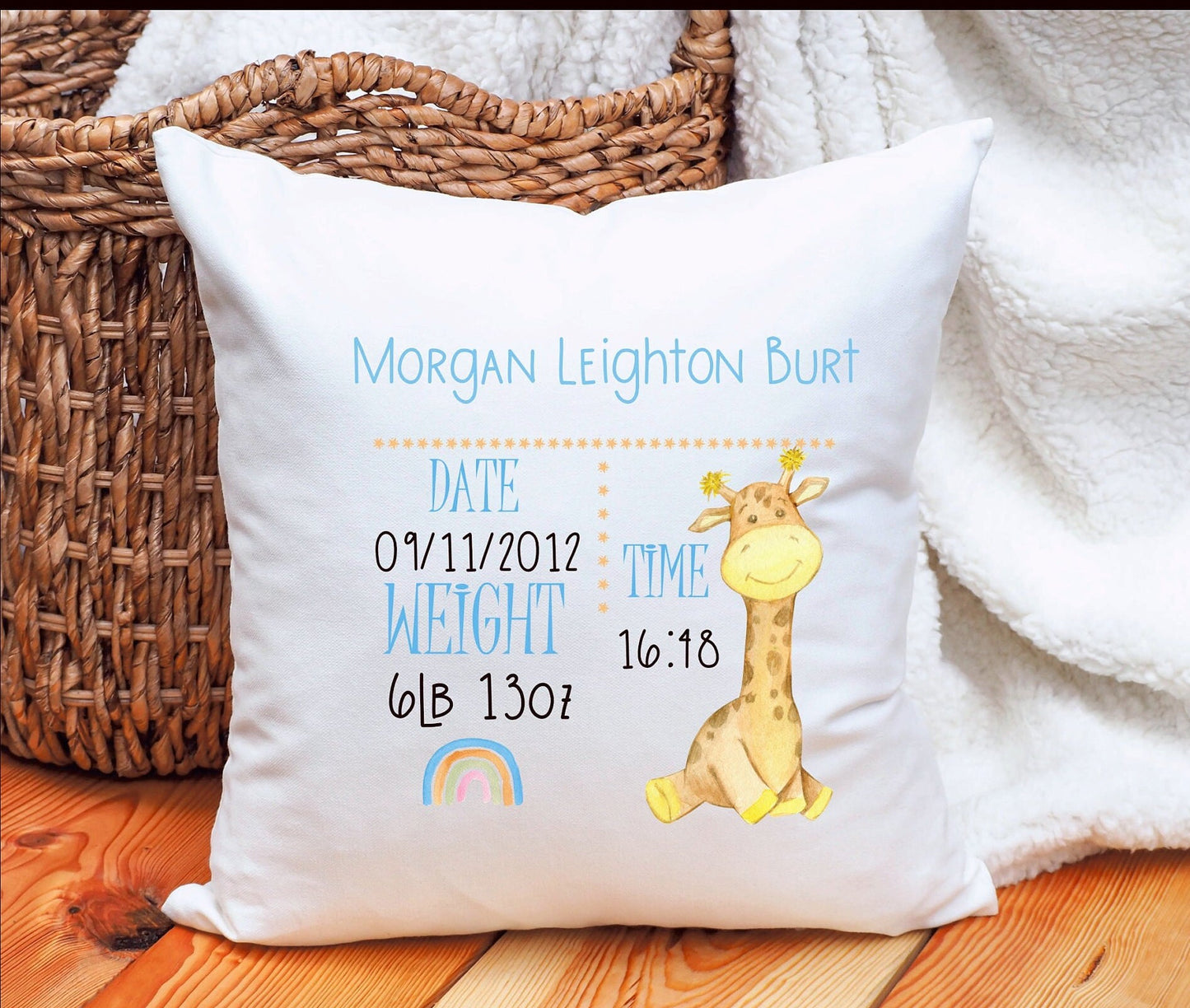 New Baby Gift, Birth Detailed Cushion, Personalised New Baby Birth Giraffe design