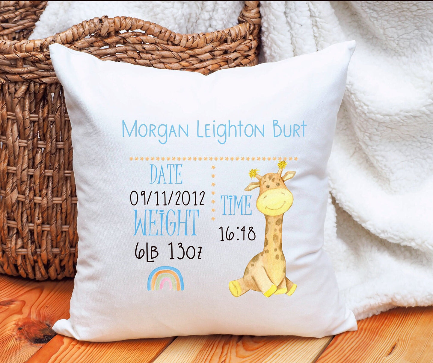 New Baby Gift, Birth Detailed Cushion, Personalised New Baby Birth Giraffe design