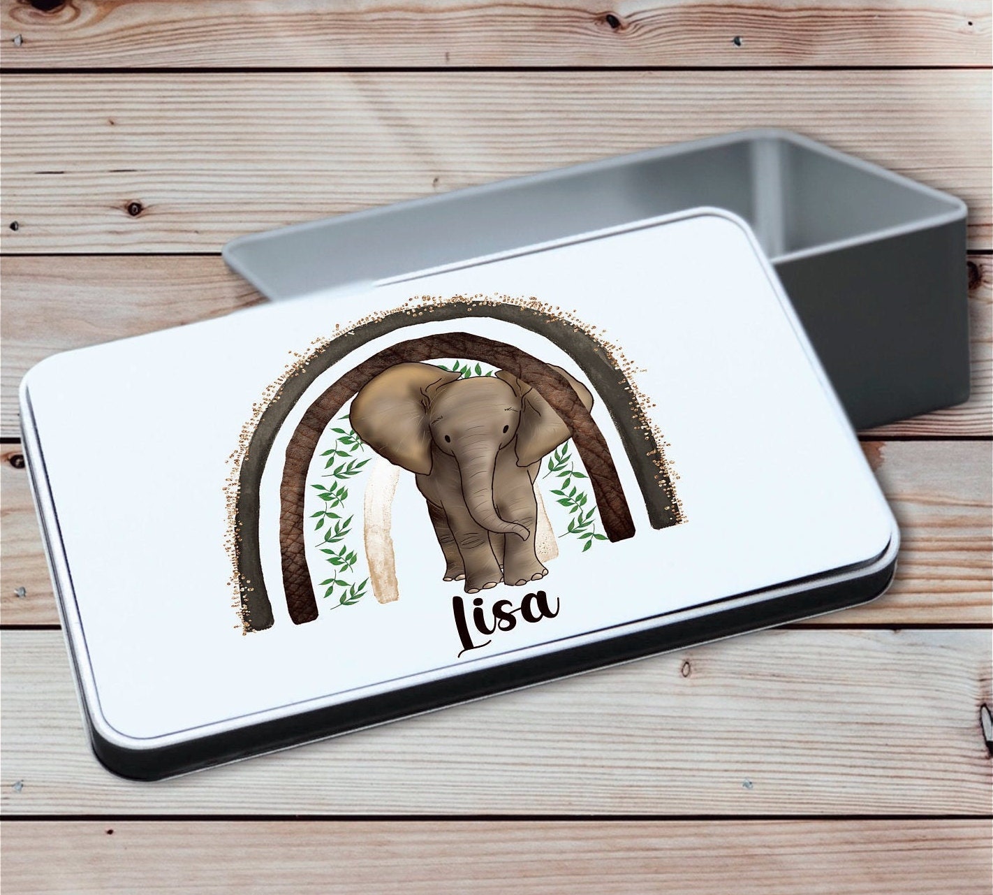 Sweet Treat Tin, Elephant Rainbow Design Metal Keepsake Tin, Gift For Her, Personalised Keepsake Gift