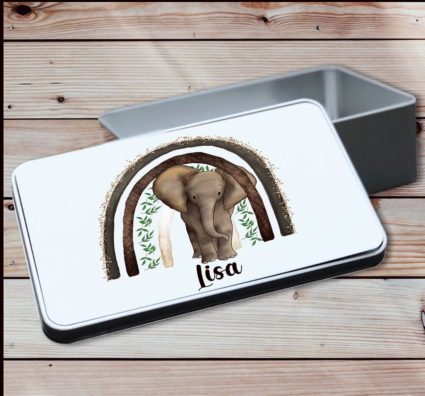 Sweet Treat Tin, Elephant Rainbow Design Metal Keepsake Tin, Gift For Her, Personalised Keepsake Gift