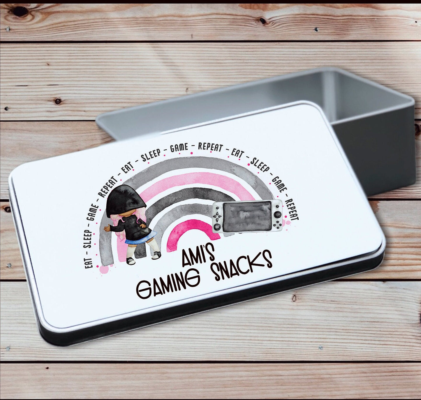 Personalised Gamer Storage Tin, Girl Gamer Treat Tin, Children's Gaming Treats, Gamer storage tin, Gamer Snack Tin, Gaming Legend Gift