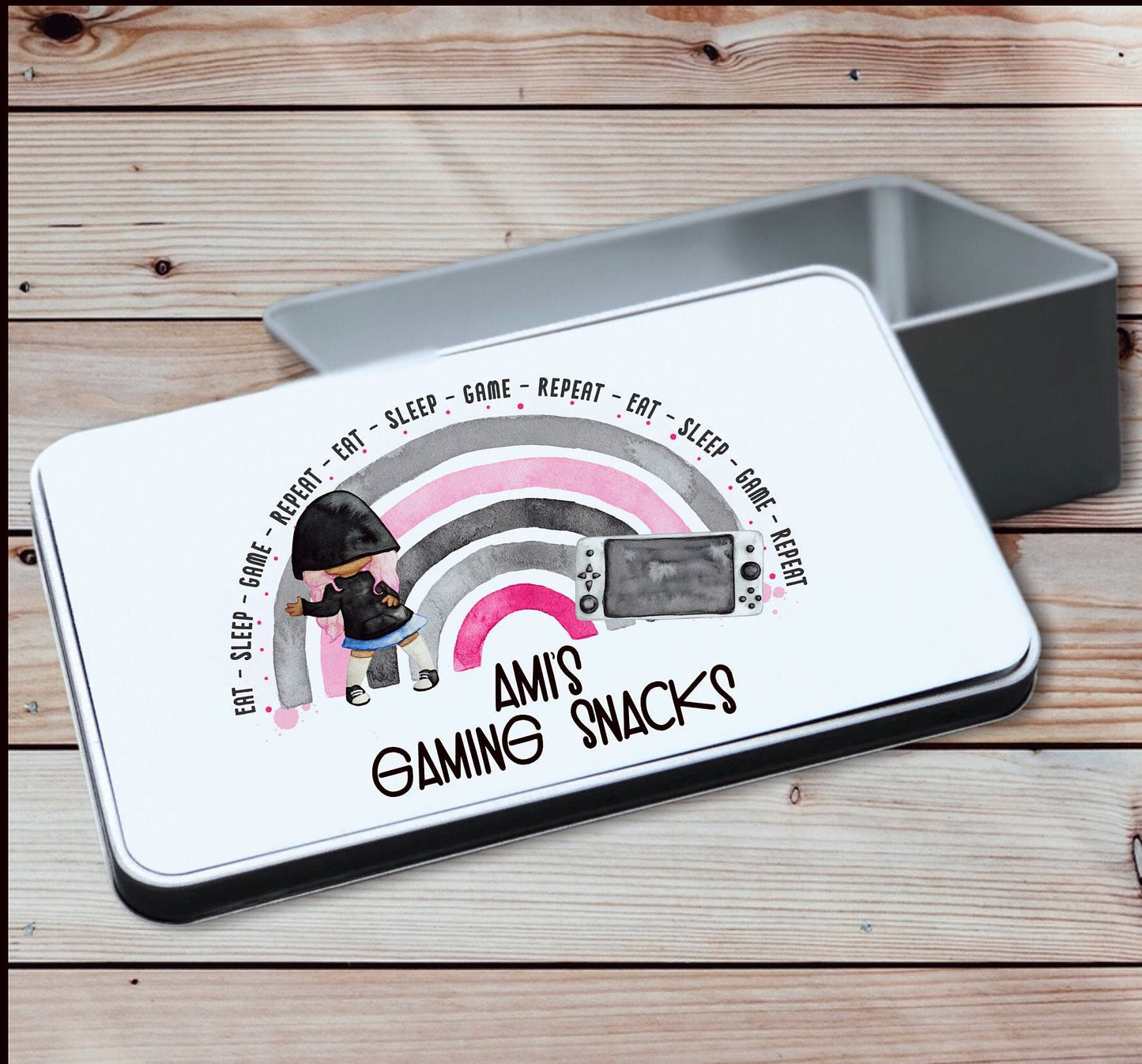 Personalised Gamer Storage Tin, Girl Gamer Treat Tin, Children's Gaming Treats, Gamer storage tin, Gamer Snack Tin, Gaming Legend Gift
