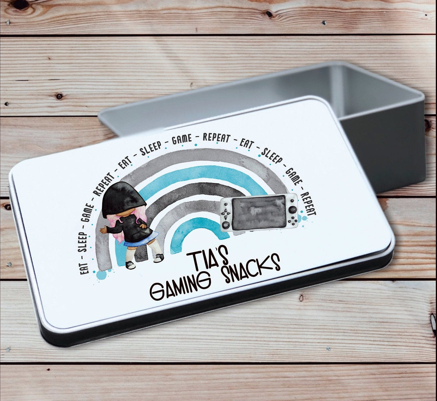 Personalised Gamer Storage Tin, Girl Gamer Treat Tin, Children's Gaming Treats, Gamer storage tin, Gamer Snack Tin, Gaming Legend Gift