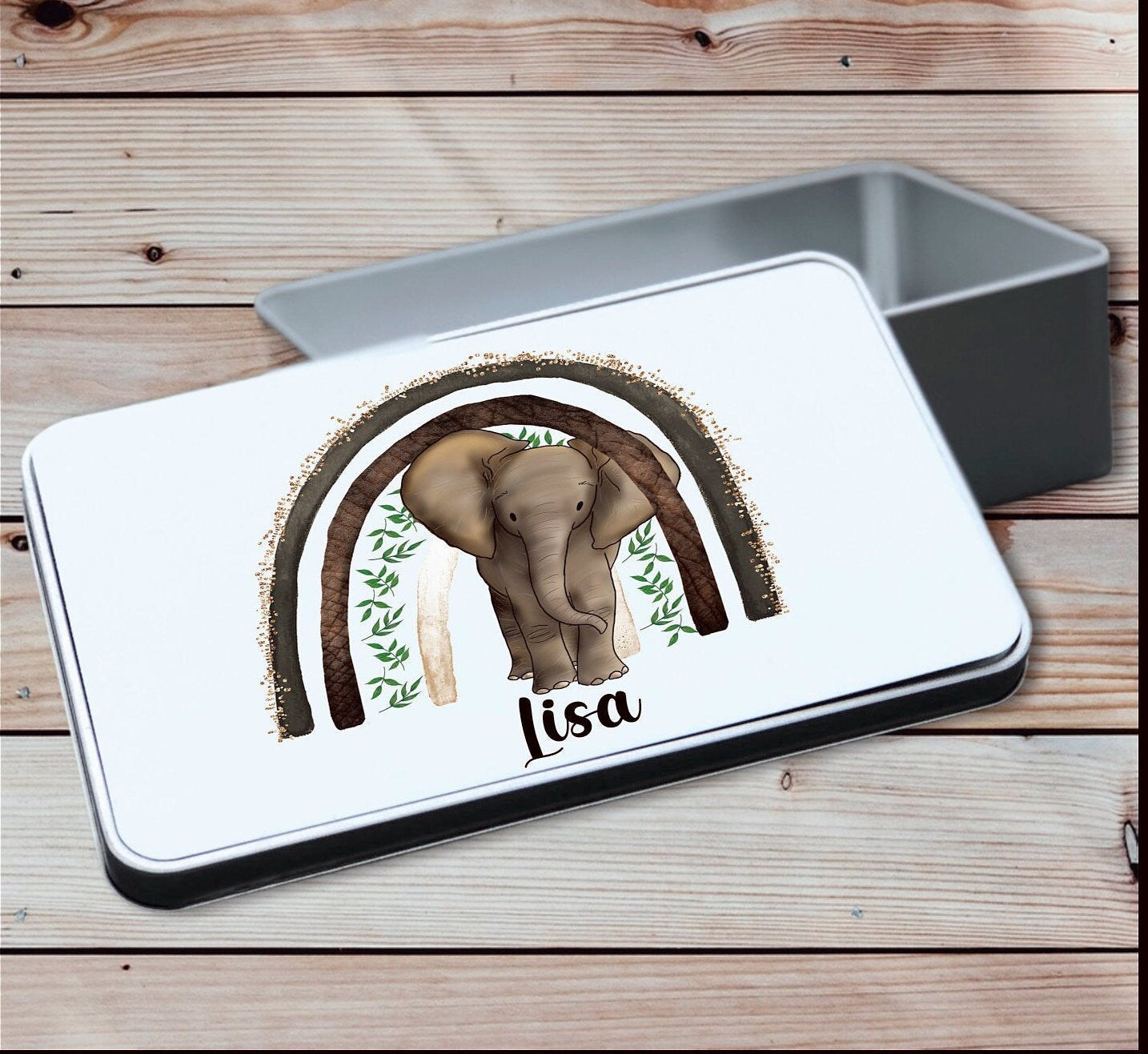 Sweet Treat Tin, Elephant Rainbow Design Metal Keepsake Tin, Gift For Her, Personalised Keepsake Gift