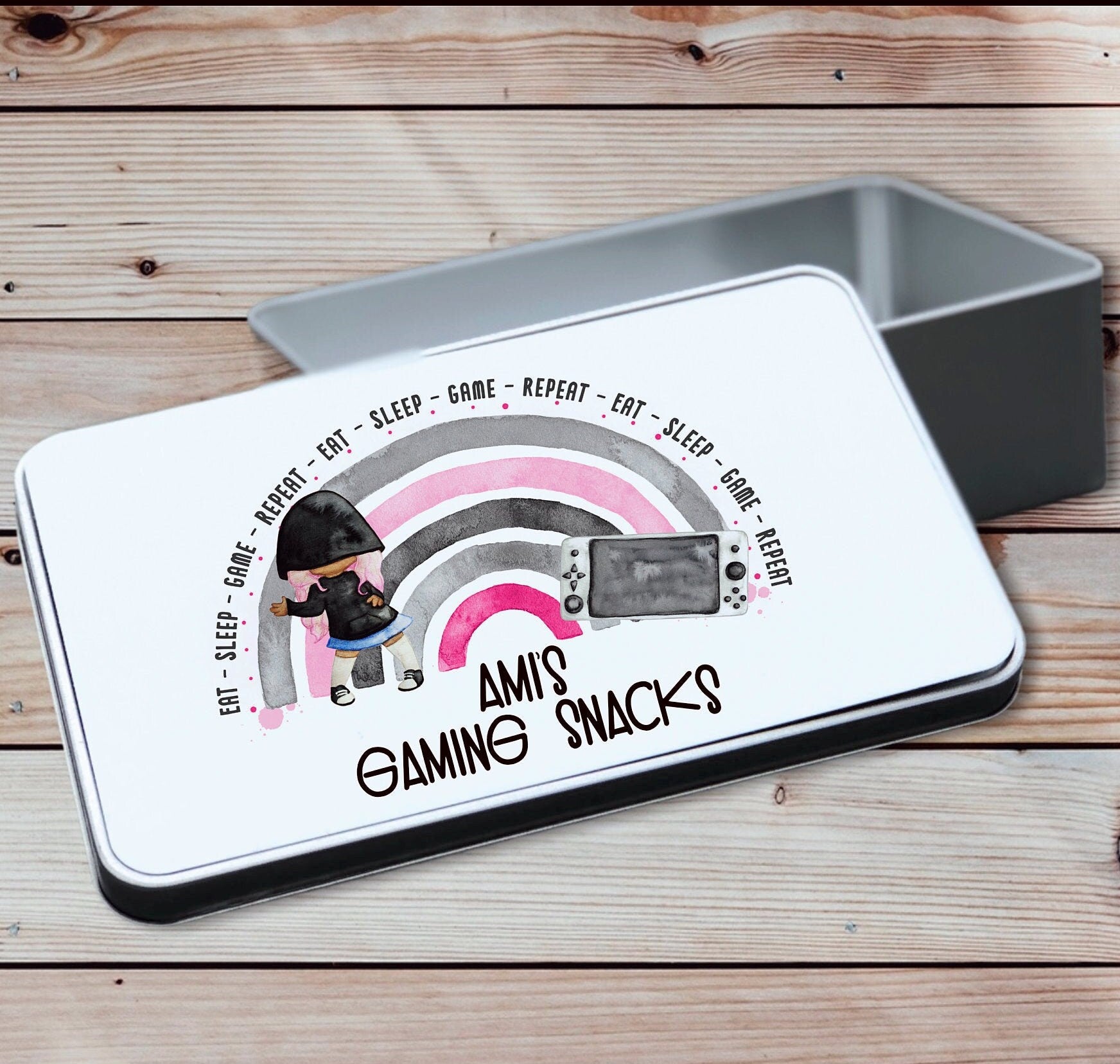 Personalised Gamer Storage Tin, Girl Gamer Treat Tin, Children's Gaming Treats, Gamer storage tin, Gamer Snack Tin, Gaming Legend Gift