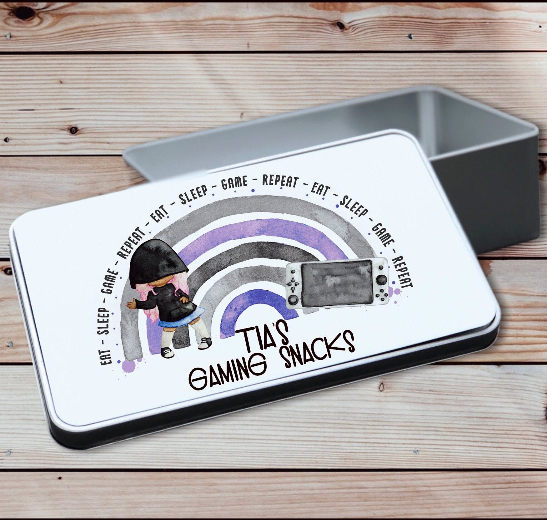 Personalised Gamer Storage Tin, Girl Gamer Treat Tin, Children's Gaming Treats, Gamer storage tin, Gamer Snack Tin, Gaming Legend Gift