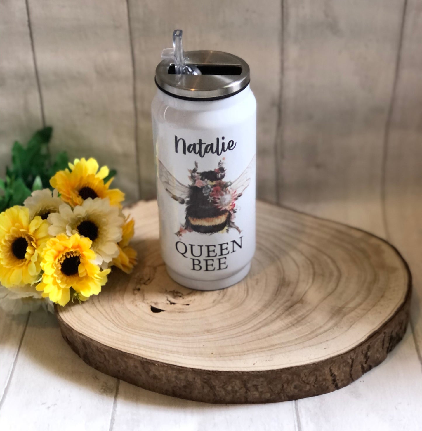 Bee Design Drinks Bottle, Personalised Metal Drinks Bottle, Personalised Bee Drinks Bottle, Coke Can Style Drinks Bottle With Straw,