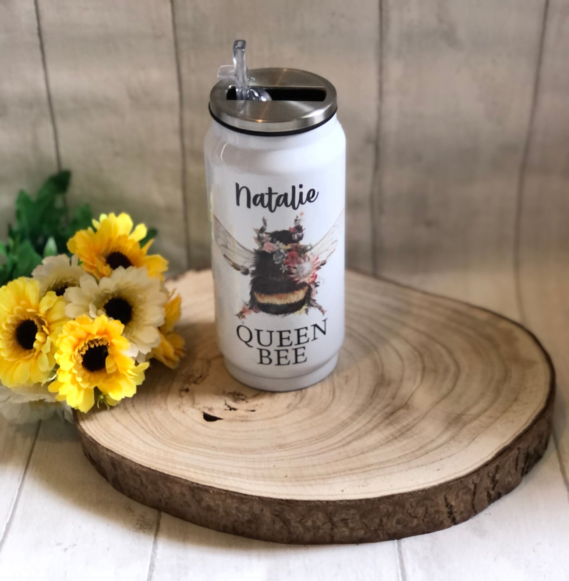 Bee Design Drinks Bottle, Personalised Metal Drinks Bottle, Personalised Bee Drinks Bottle, Coke Can Style Drinks Bottle With Straw,