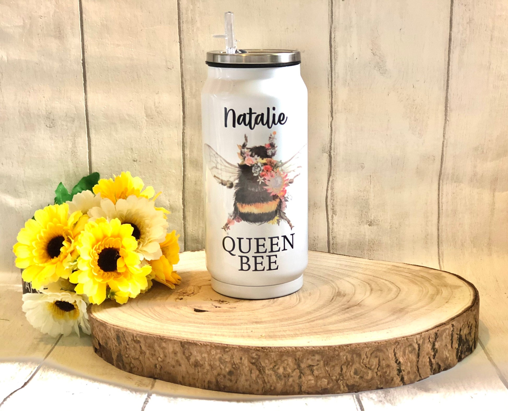 Bee Design Drinks Bottle, Personalised Metal Drinks Bottle, Personalised Bee Drinks Bottle, Coke Can Style Drinks Bottle With Straw,