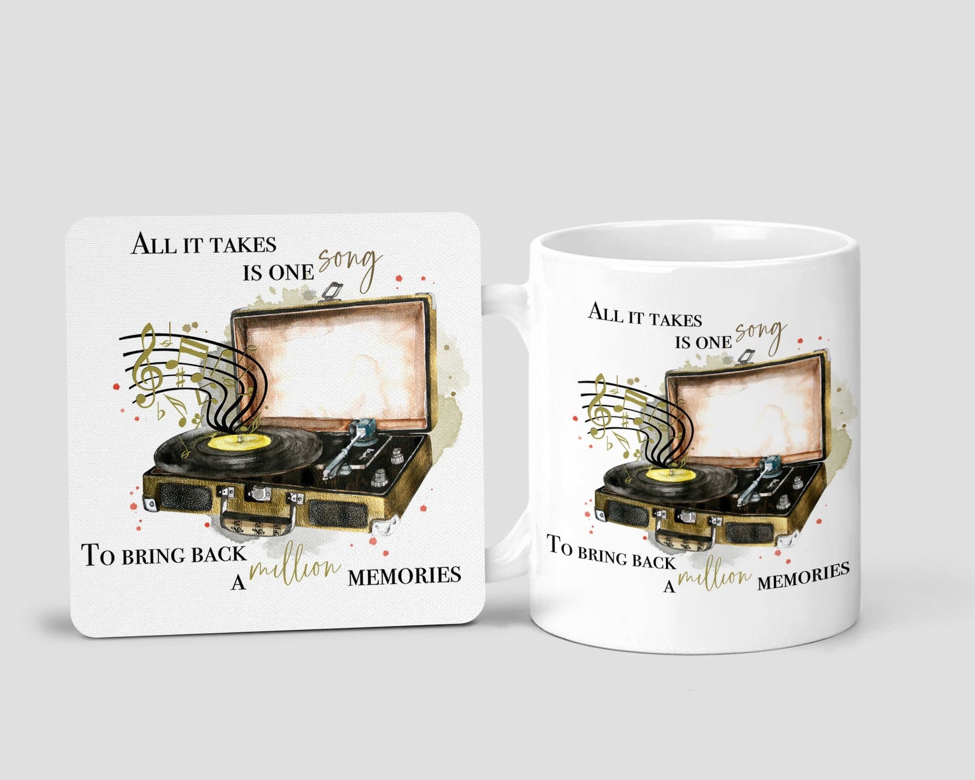 Music Player Gift, Record Player Mug Gift Set, Personalised Mug Gift, LP Player Mug Gift Set