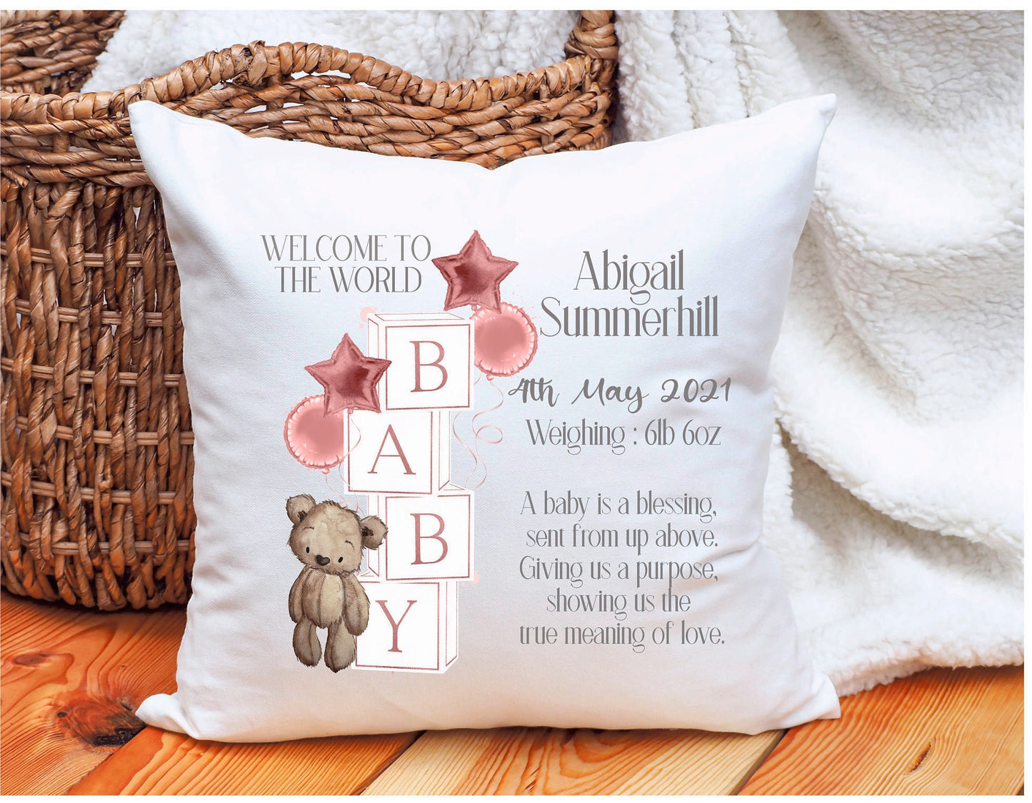 Personalised New Baby Teddy Cushion Gift, New Baby Personalised Gift, New Baby Teddy Block Cushion Gift