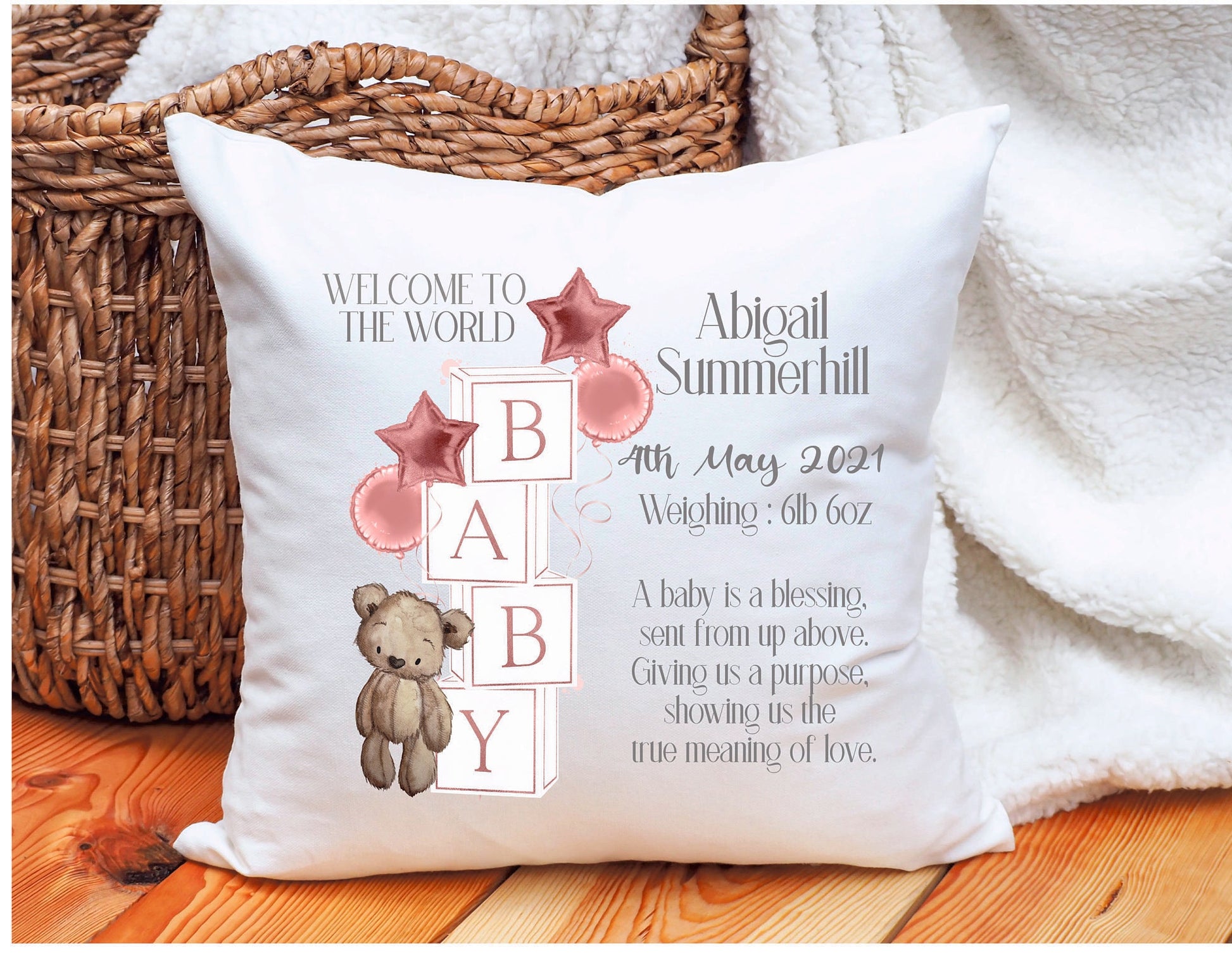 Personalised New Baby Teddy Cushion Gift, New Baby Personalised Gift, New Baby Teddy Block Cushion Gift