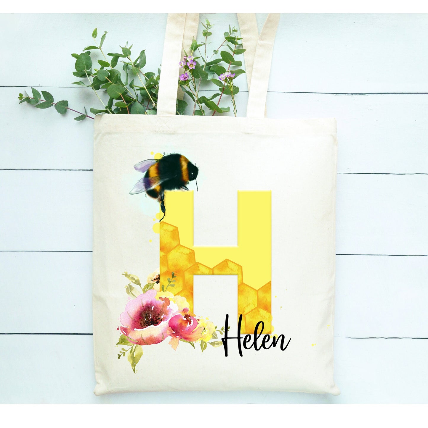 Bee Initial Tote Bag, Bee Design Tote Bag, Personalised Tote Bag Gift, Personalised Shopping Bag