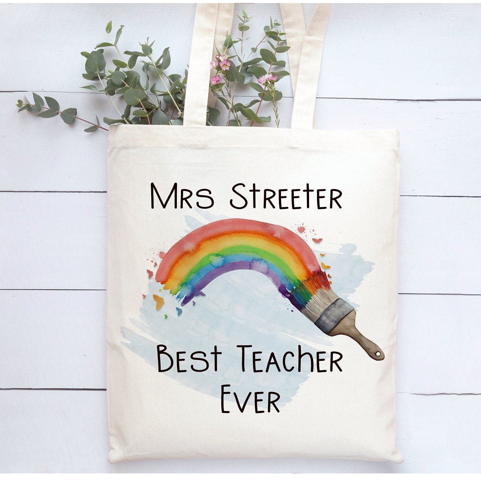 Best Teacher Tote Bag Gift, Personalised Teacher Rainbow Design Tote Bag, Personalised Tote Bag Gift