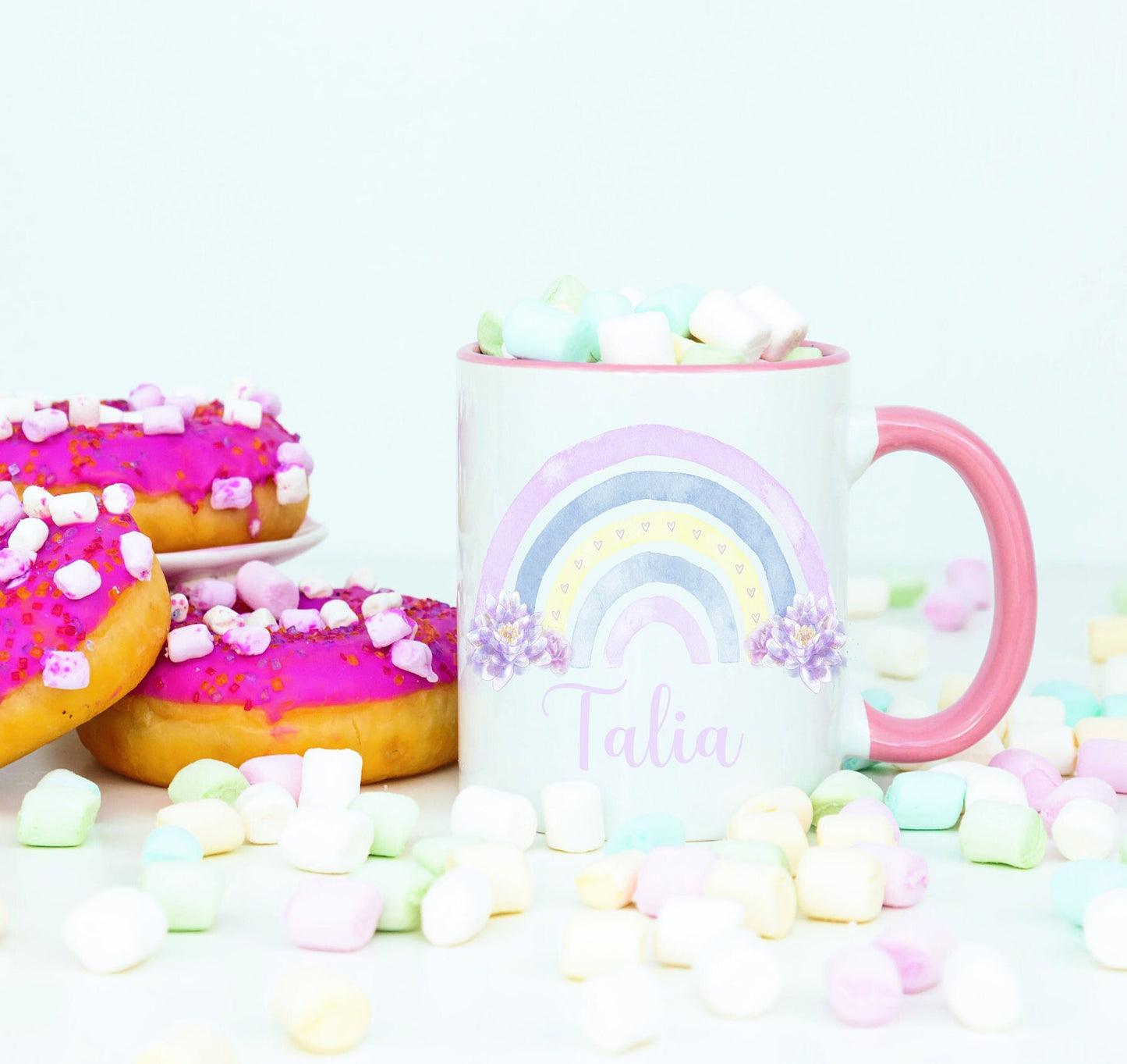 Rainbow Mug, Personalised Rainbow And Flower Design Mug , Mug And Coaster Set