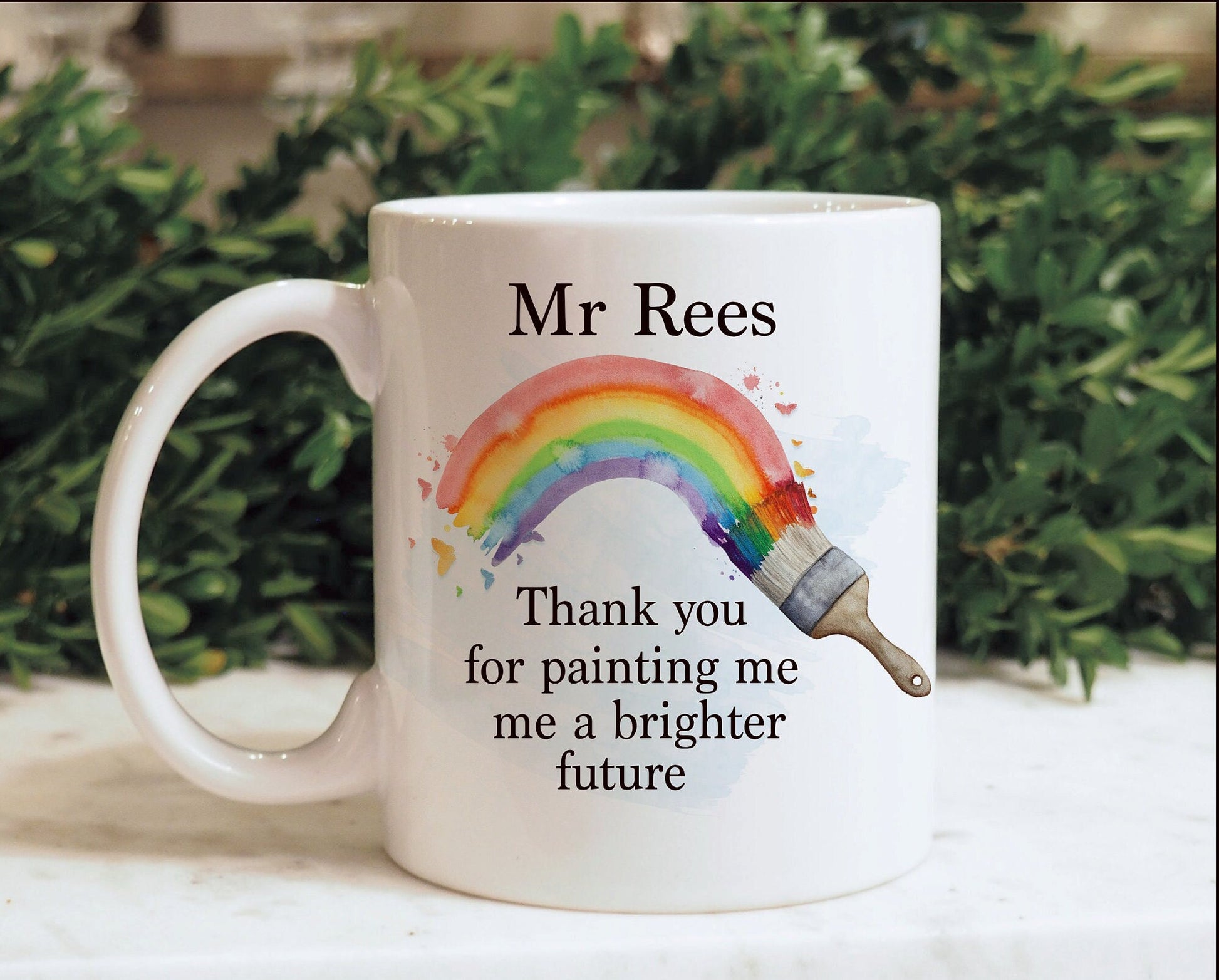 Personalised Teacher Mug, Thank You Teacher Gift, Rainbow Teacher Gift, Paintbrush Rainbow Teacher, TA Gift, End of Term, Headteacher