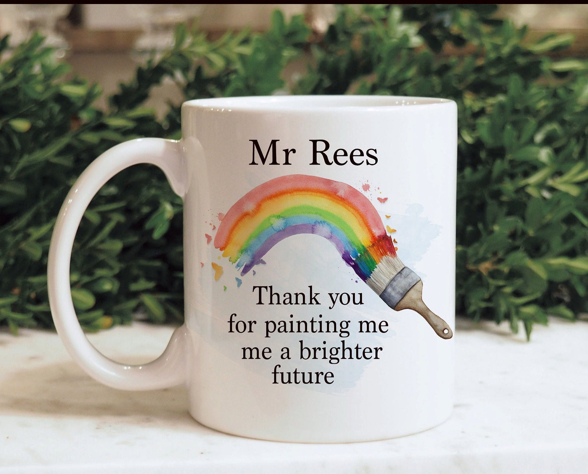 Personalised Teacher Mug, Thank You Teacher Gift, Rainbow Teacher Gift, Paintbrush Rainbow Teacher, TA Gift, End of Term, Headteacher