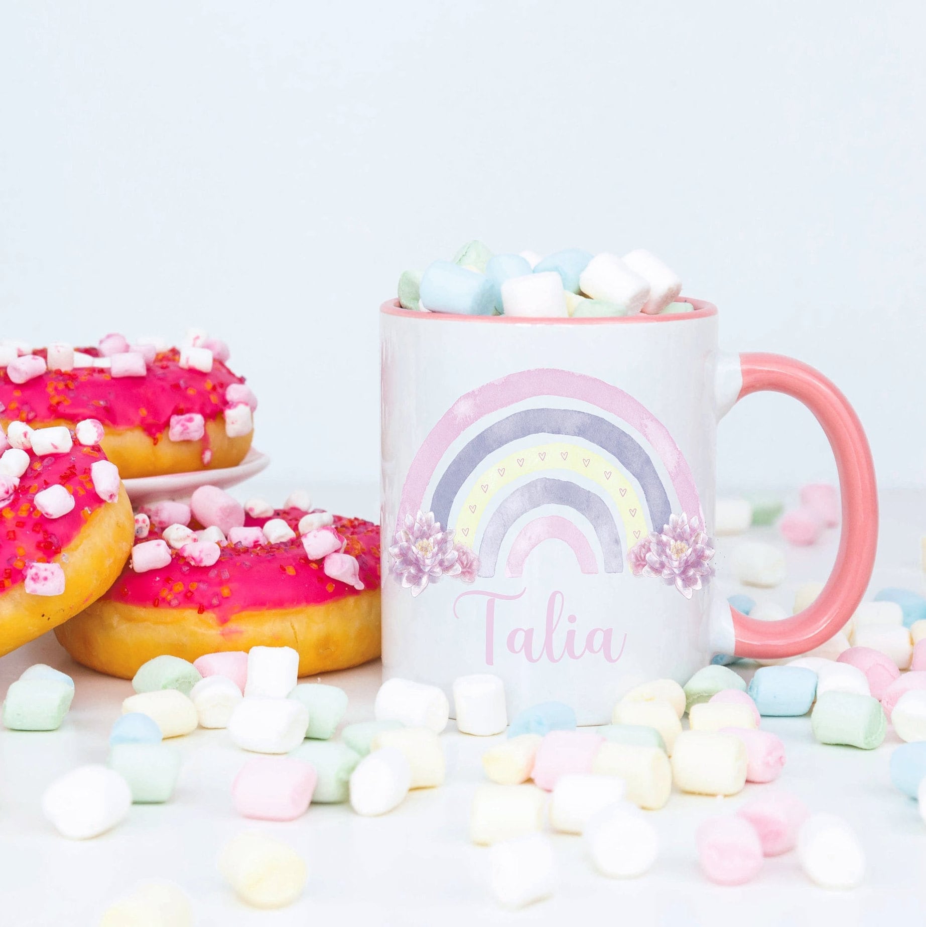 Rainbow Mug, Personalised Rainbow And Flower Design Mug , Mug And Coaster Set