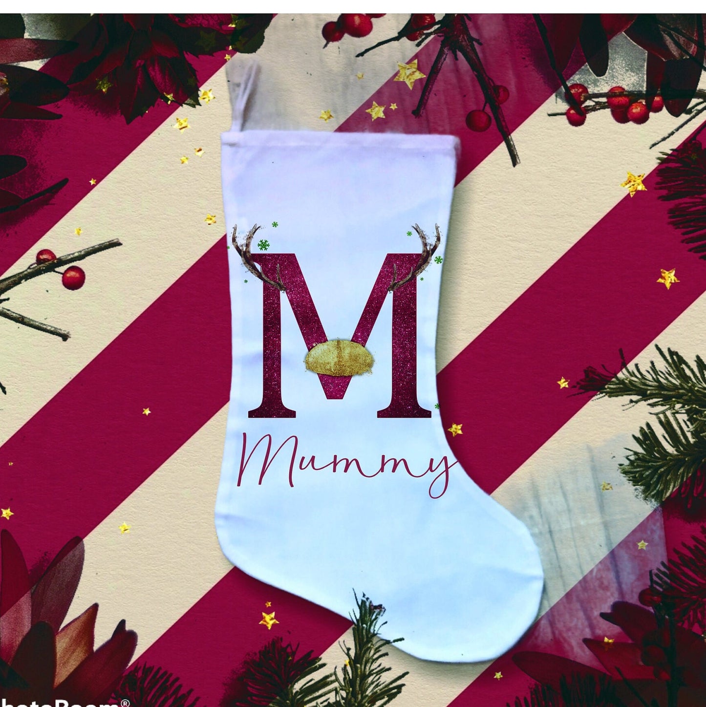 Personalised Christmas Stockings, Reindeer Design Initial Stockings, Fireplace Stocking, Santa Sack