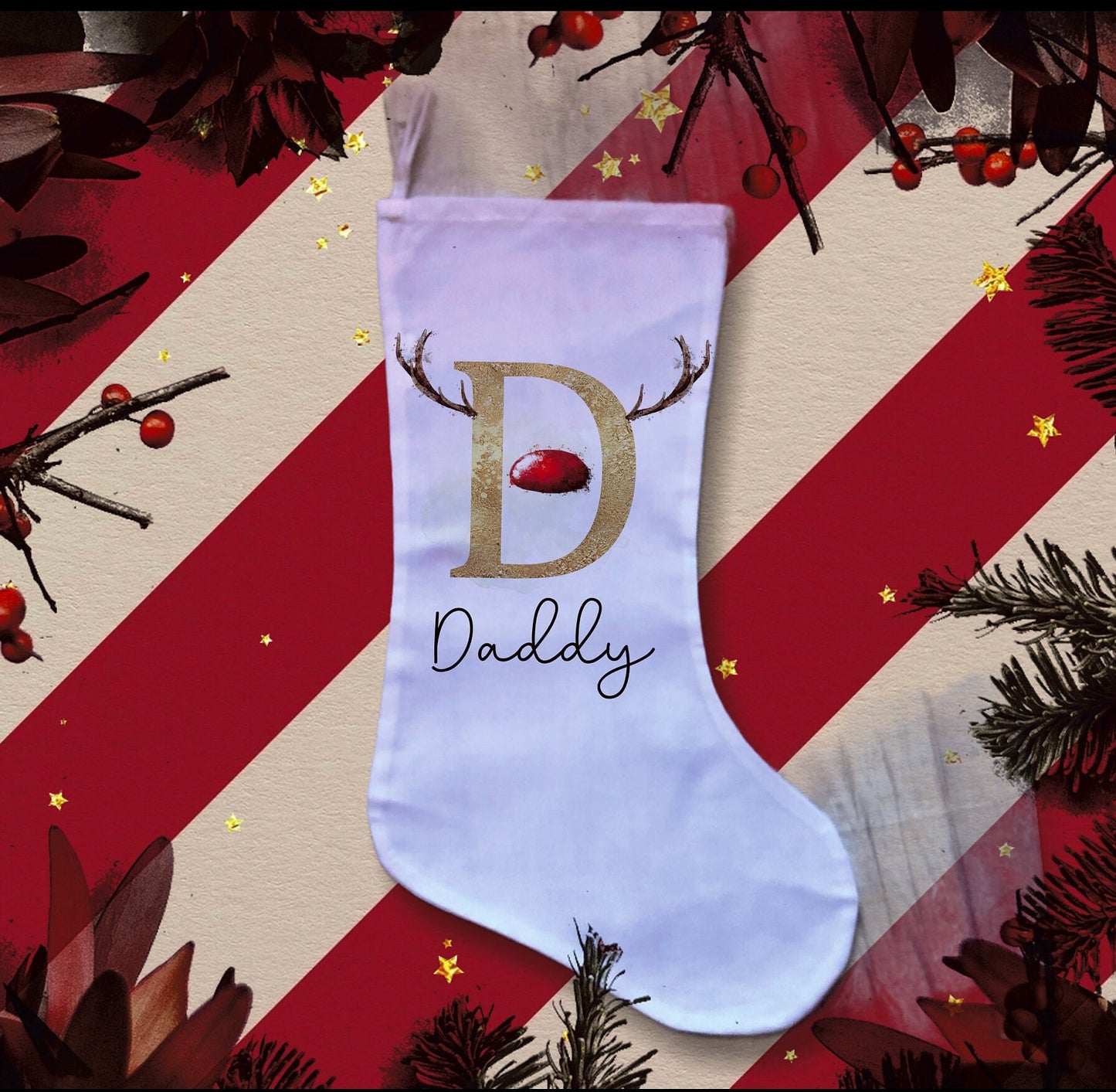 Personalised Christmas Stockings, Reindeer Design Initial Stockings, Fireplace Stocking, Santa Sack