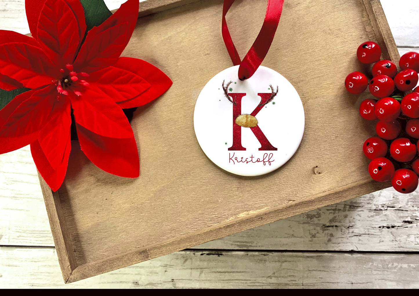 Initial Reindeer Bauble, Personalised Christmas Tree Decoration, Ceramic Christmas Tree Decoration