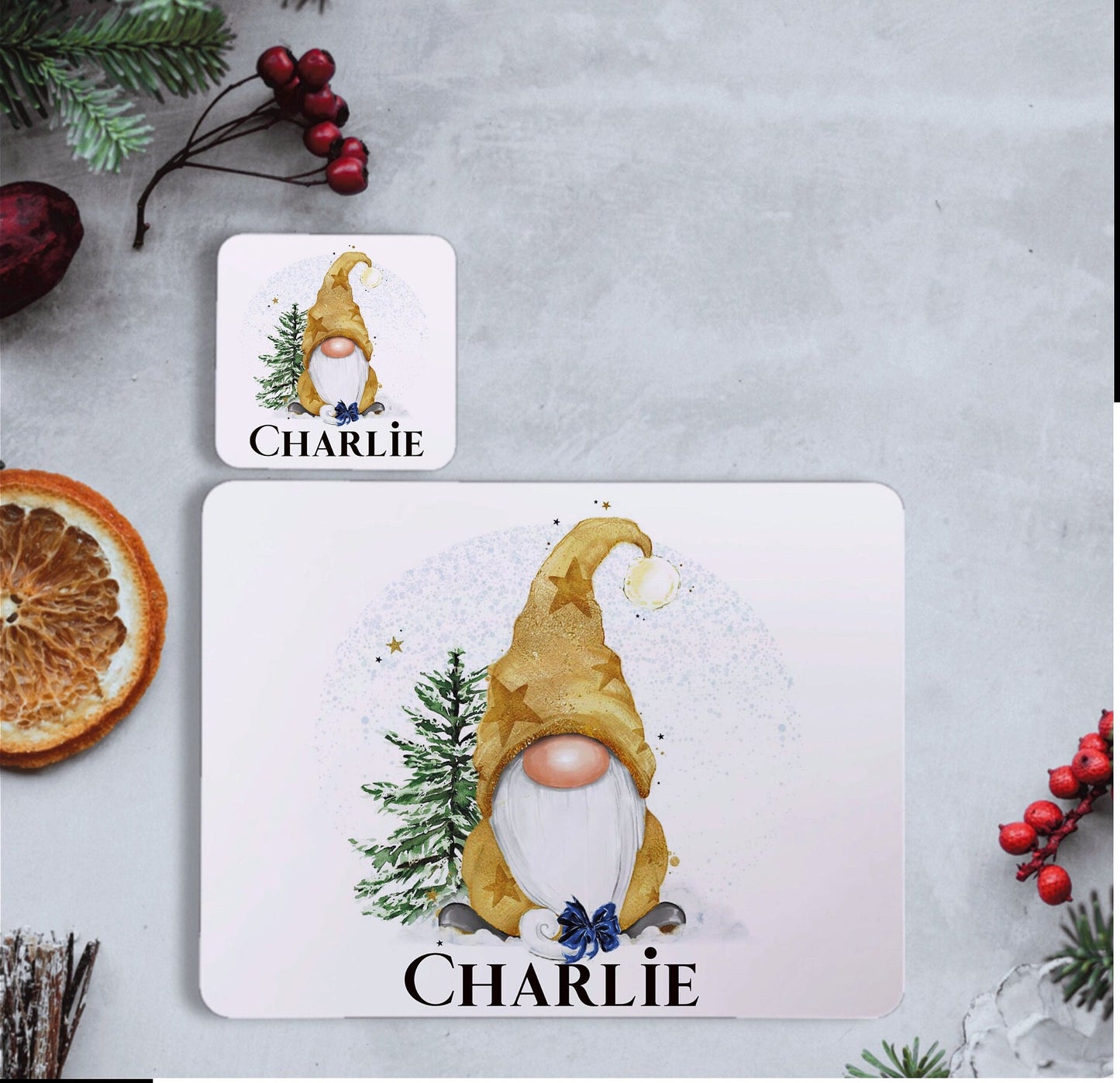 Gonk Christmas Placemat and Coaster Set, Personalised Christmas Gnome Placemat, Christmas Gnome Placemat And Coaster