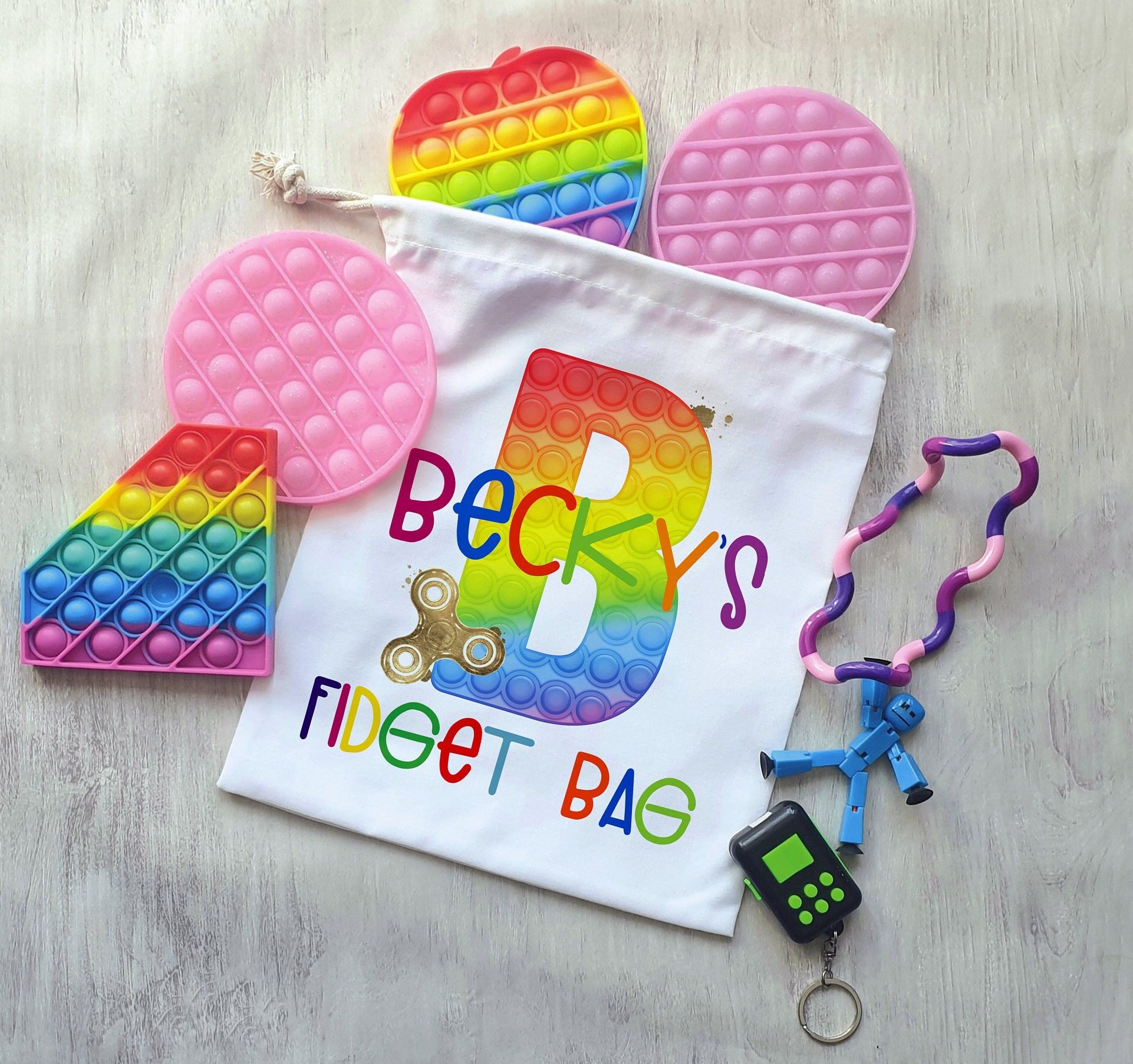 Poppit Fidget Toy Bag, Poppit Storage Bag, Personalised Fidget Poppit Bag, Sensory Toy Storage Bag, Purple & Pink Design, Blue