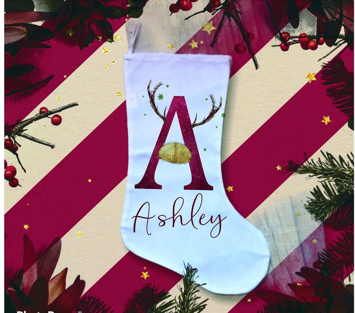 Personalised Christmas Stockings, Reindeer Design Initial Stockings, Fireplace Stocking, Santa Sack