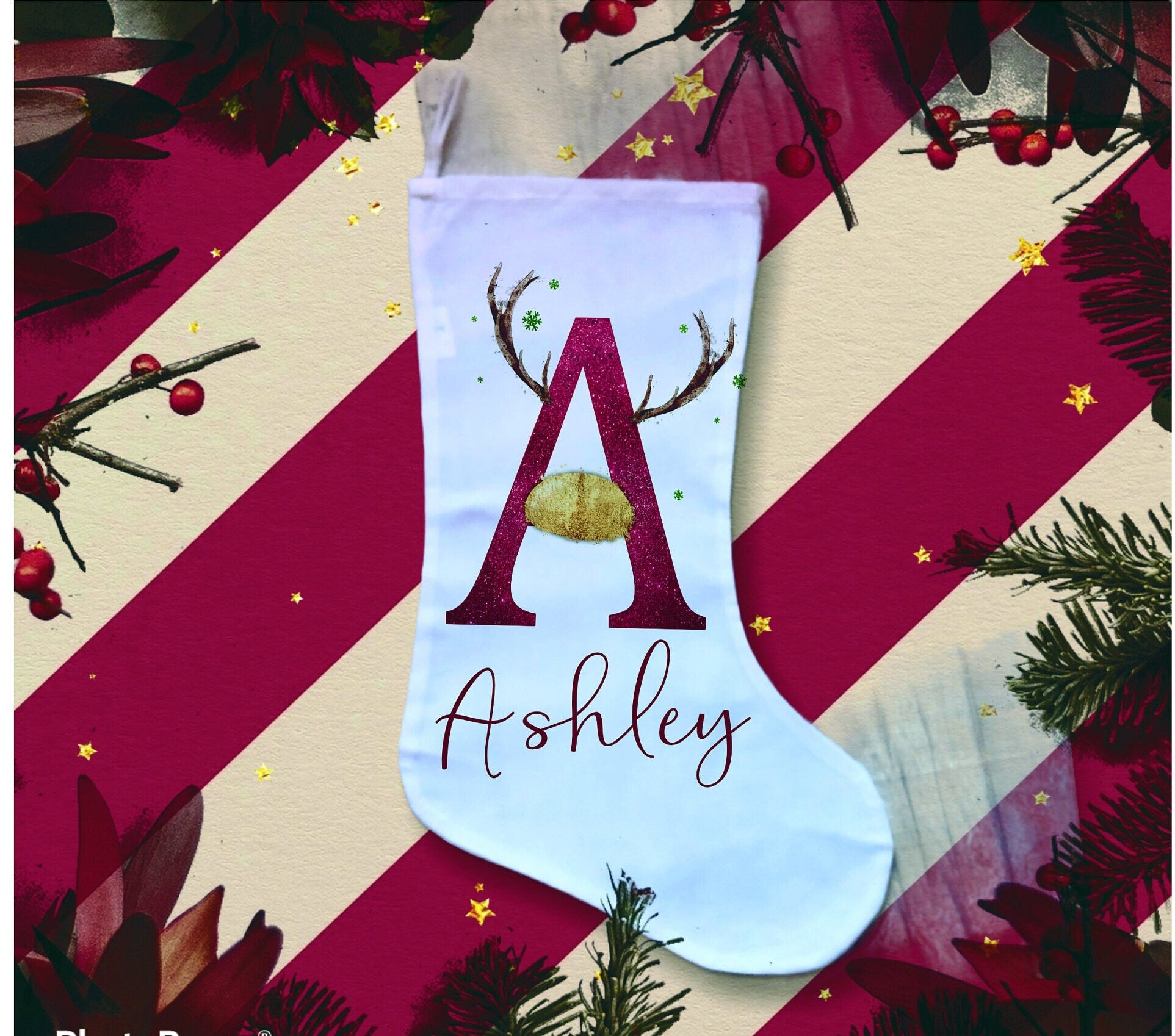 Personalised Christmas Stockings, Reindeer Design Initial Stockings, Fireplace Stocking, Santa Sack