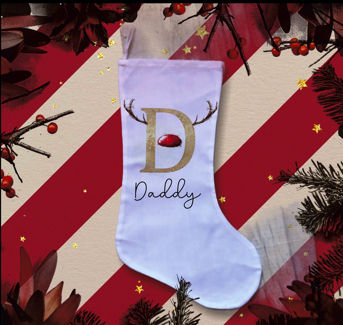 Personalised Christmas Stockings, Reindeer Design Initial Stockings, Fireplace Stocking, Santa Sack