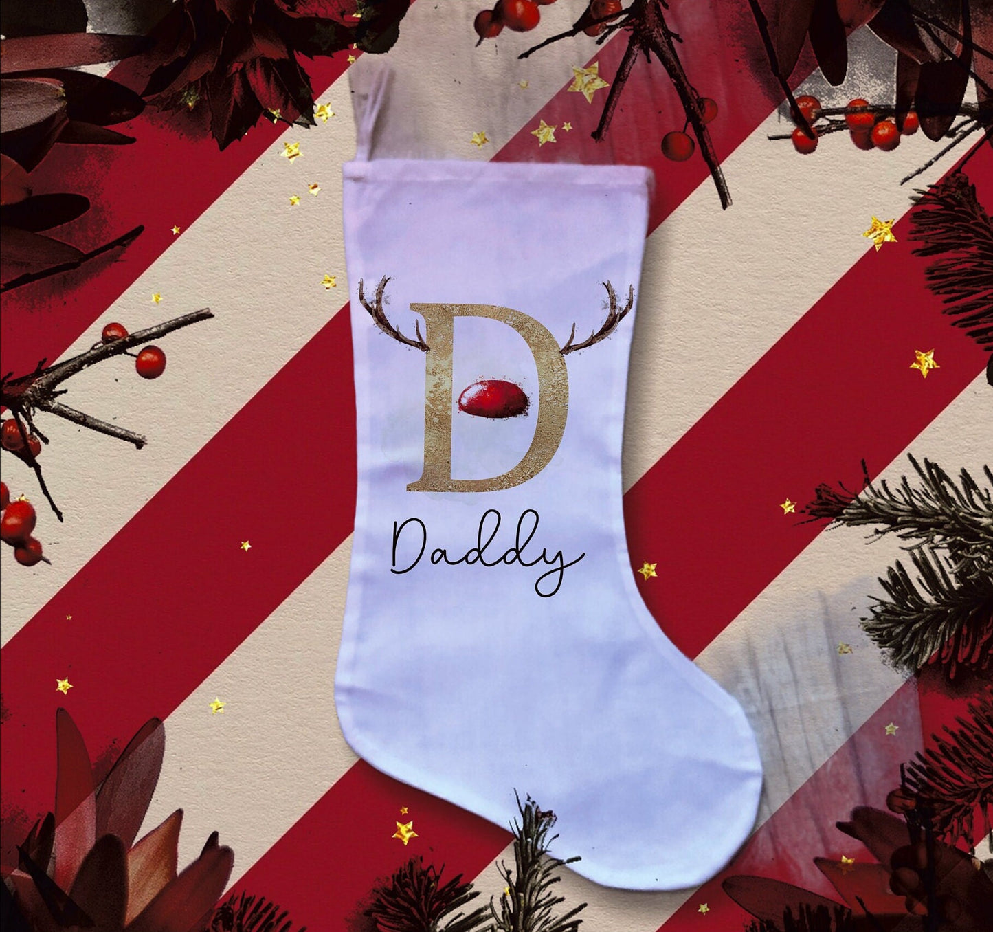 Personalised Christmas Stockings, Reindeer Design Initial Stockings, Fireplace Stocking, Santa Sack