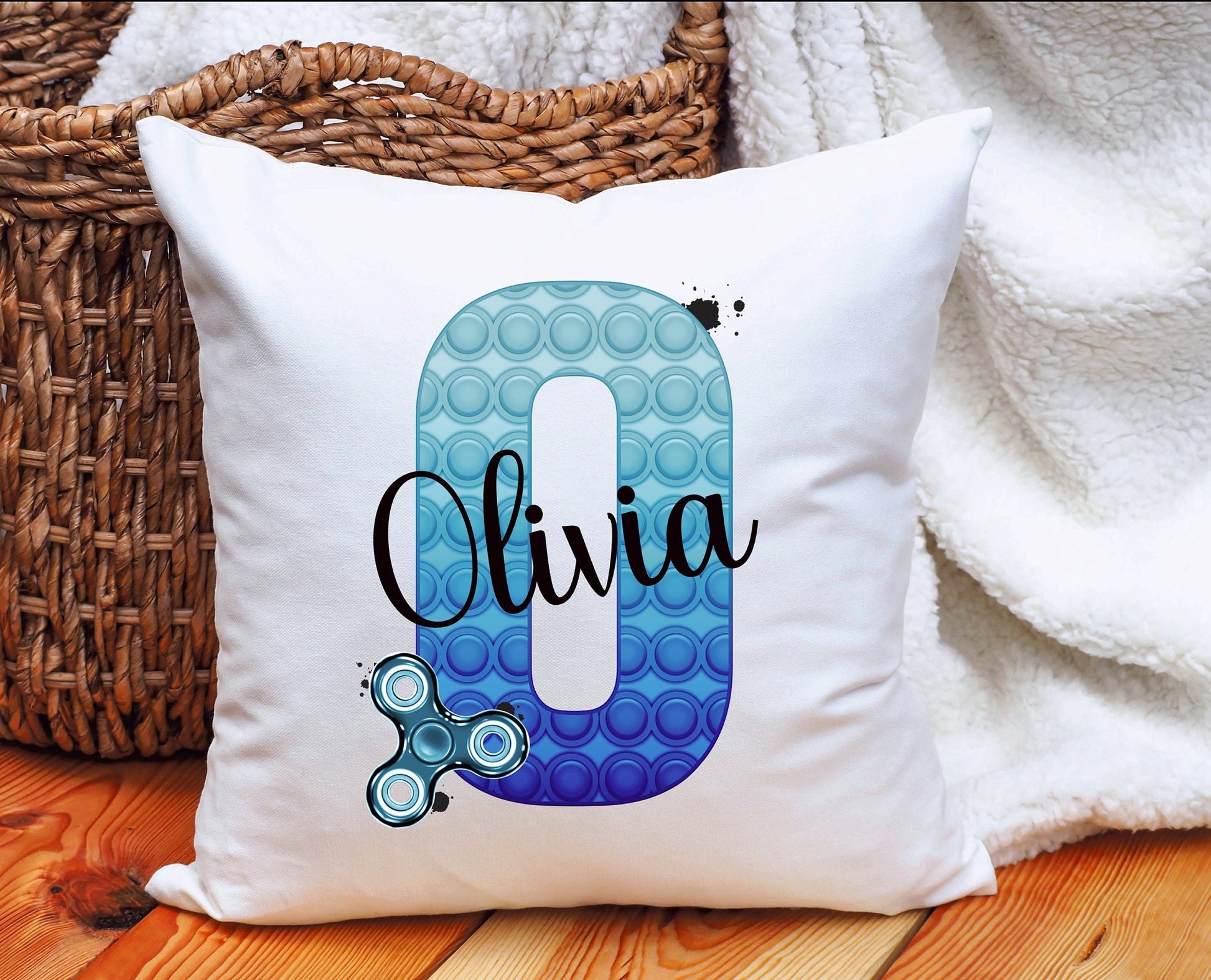 Poppit Cushion Gift, Blue Initial Poppit Fidget Toy Personalised Cushion Gift