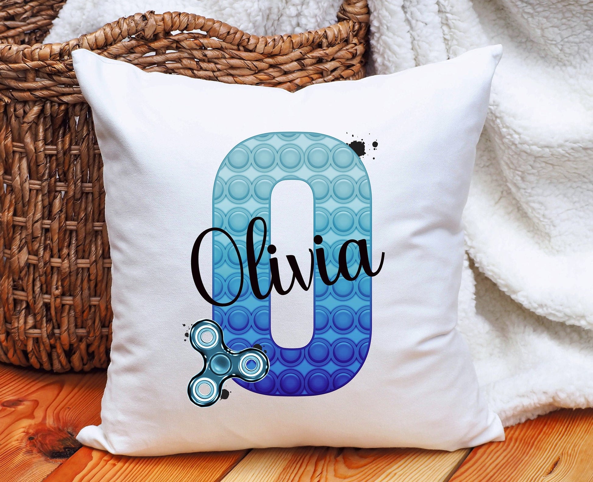 Poppit Cushion Gift, Blue Initial Poppit Fidget Toy Personalised Cushion Gift