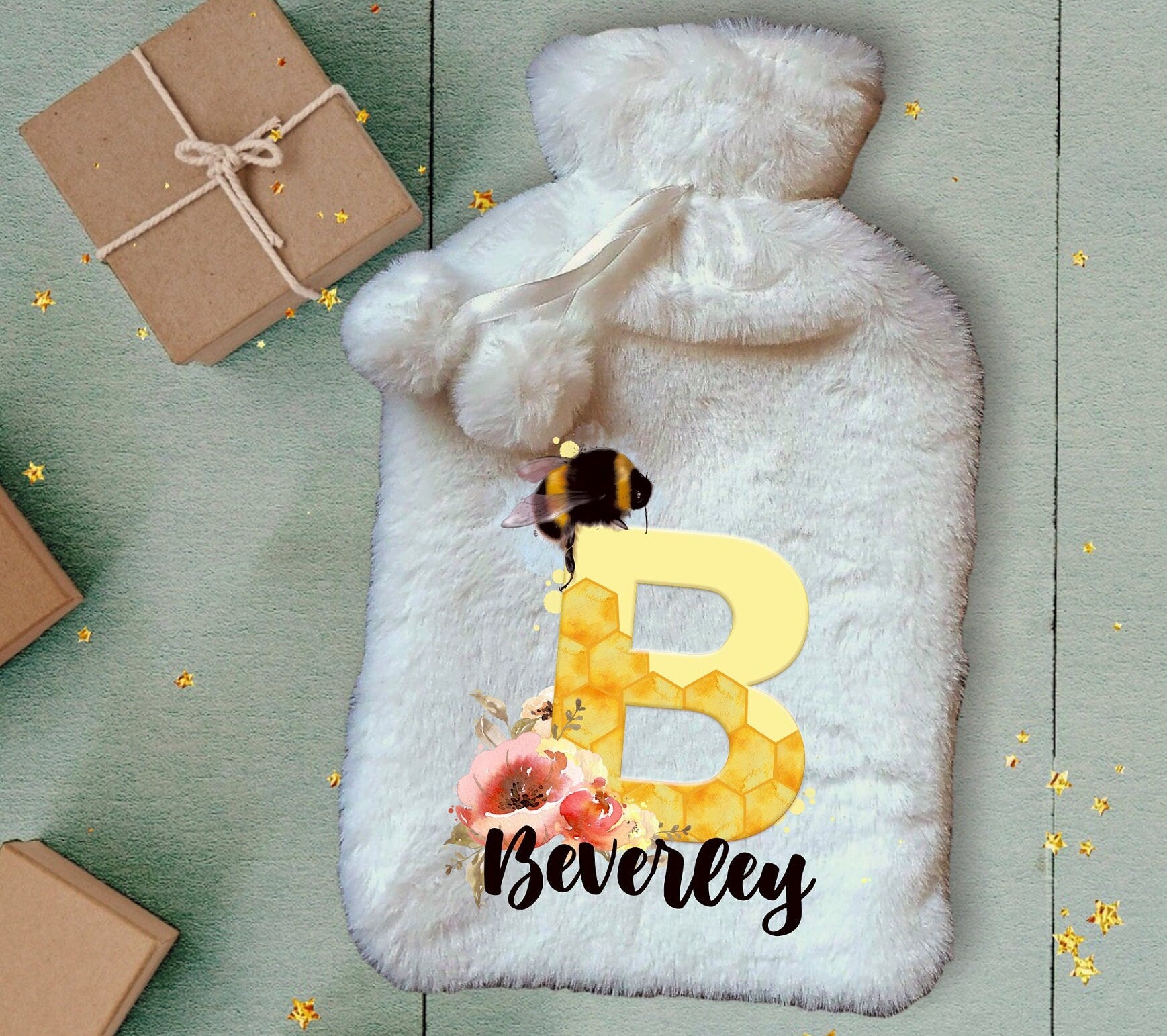 Personalised Hot Water Bottle, Bee Design Hot Water Bottle, Deluxe Fluffy Cover