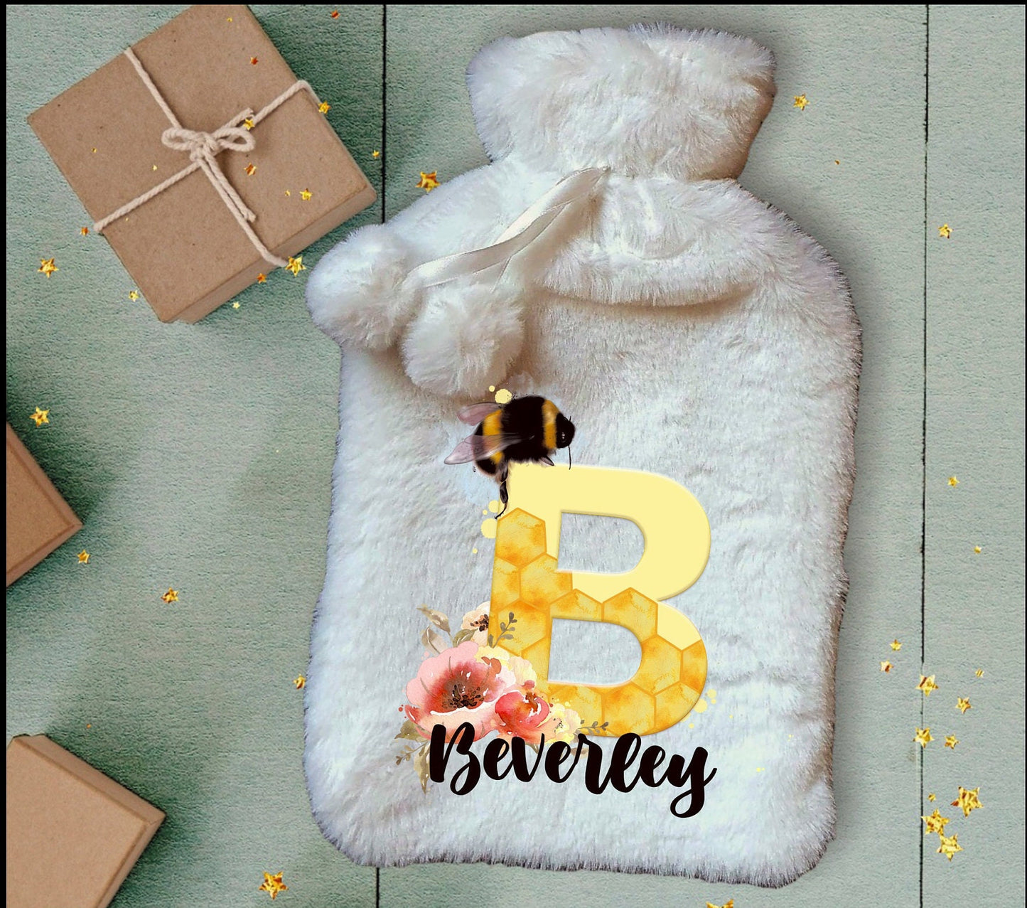 Personalised Hot Water Bottle, Bee Design Hot Water Bottle, Deluxe Fluffy Cover