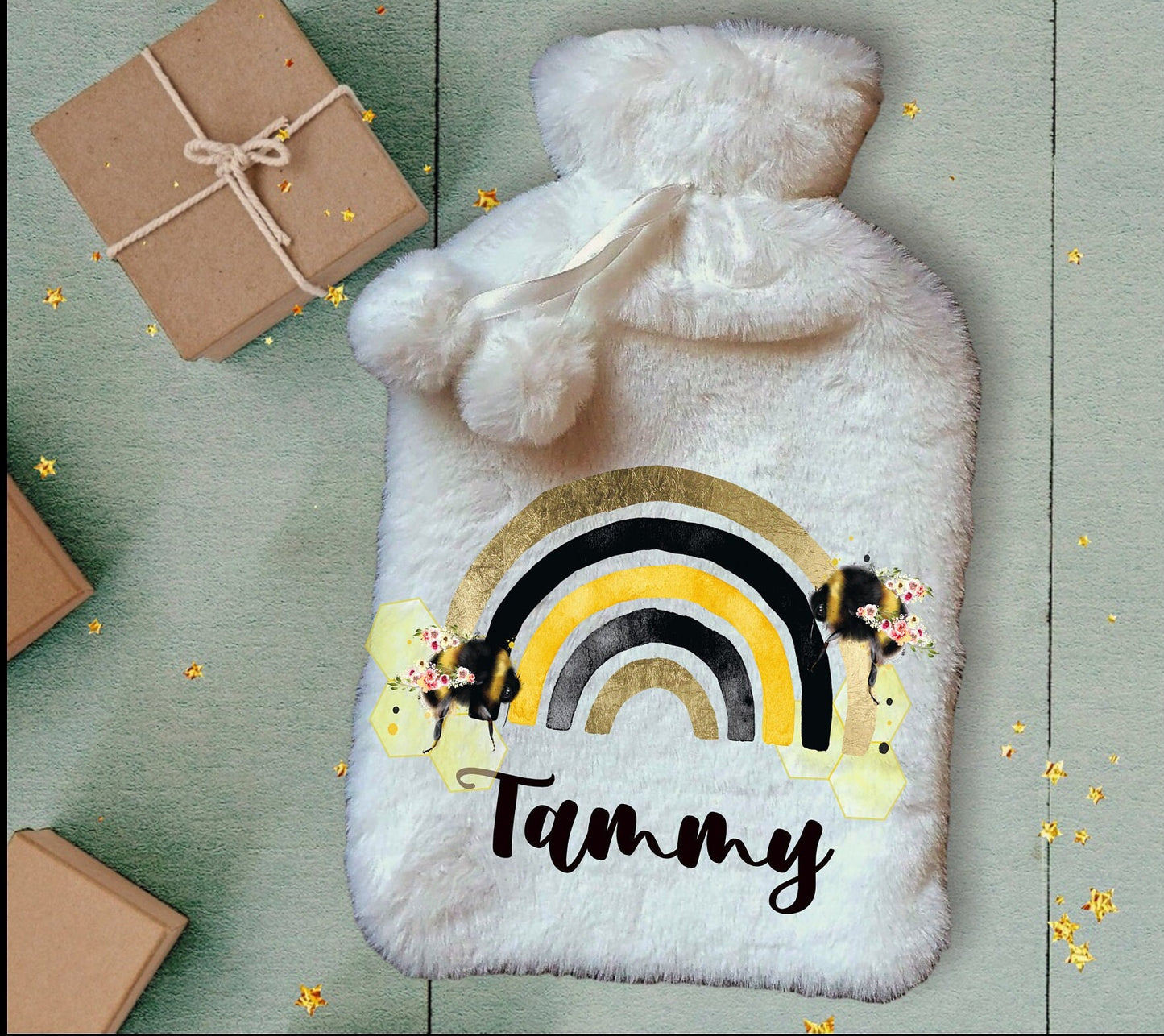 Personalised Hot Water Bottle, Bee Rainbow Design Hot Water Bottle, Personalised Gifts, Deluxe Fluffy Cover