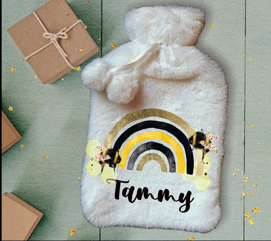 Personalised Hot Water Bottle, Bee Rainbow Design Hot Water Bottle, Personalised Gifts, Deluxe Fluffy Cover