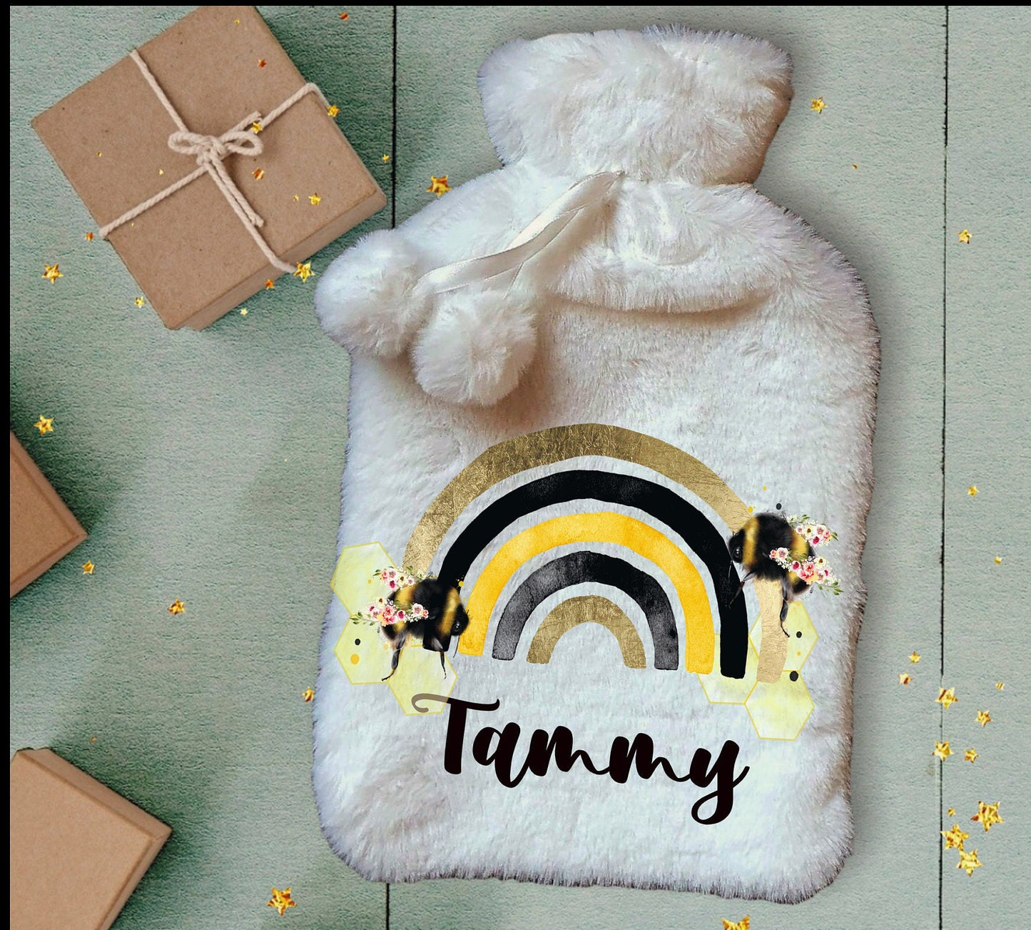 Personalised Hot Water Bottle, Bee Rainbow Design Hot Water Bottle, Personalised Gifts, Deluxe Fluffy Cover
