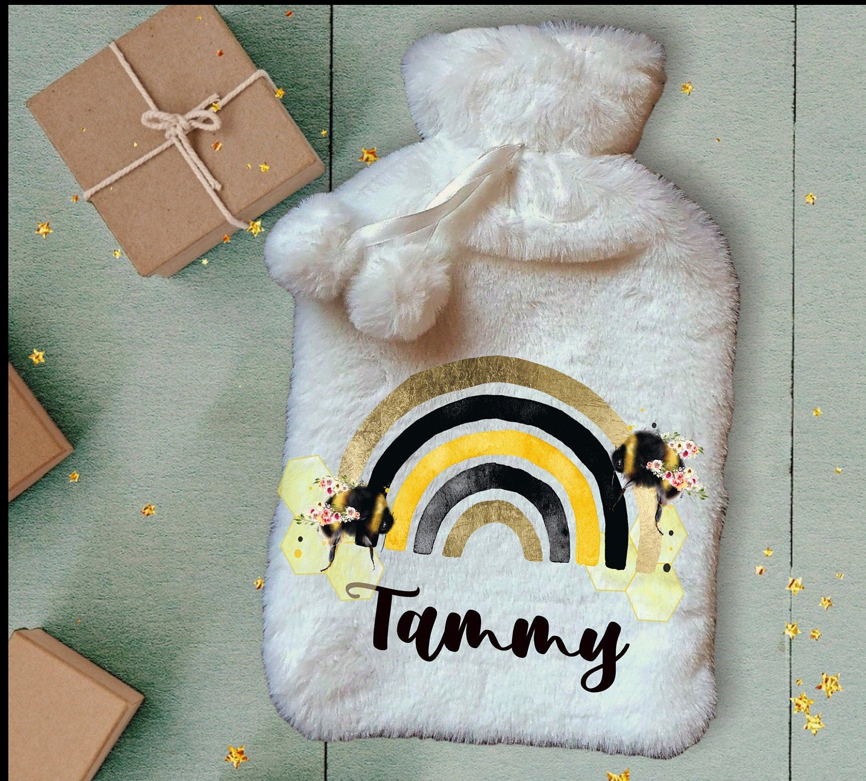 Personalised Hot Water Bottle, Bee Rainbow Design Hot Water Bottle, Personalised Gifts, Deluxe Fluffy Cover