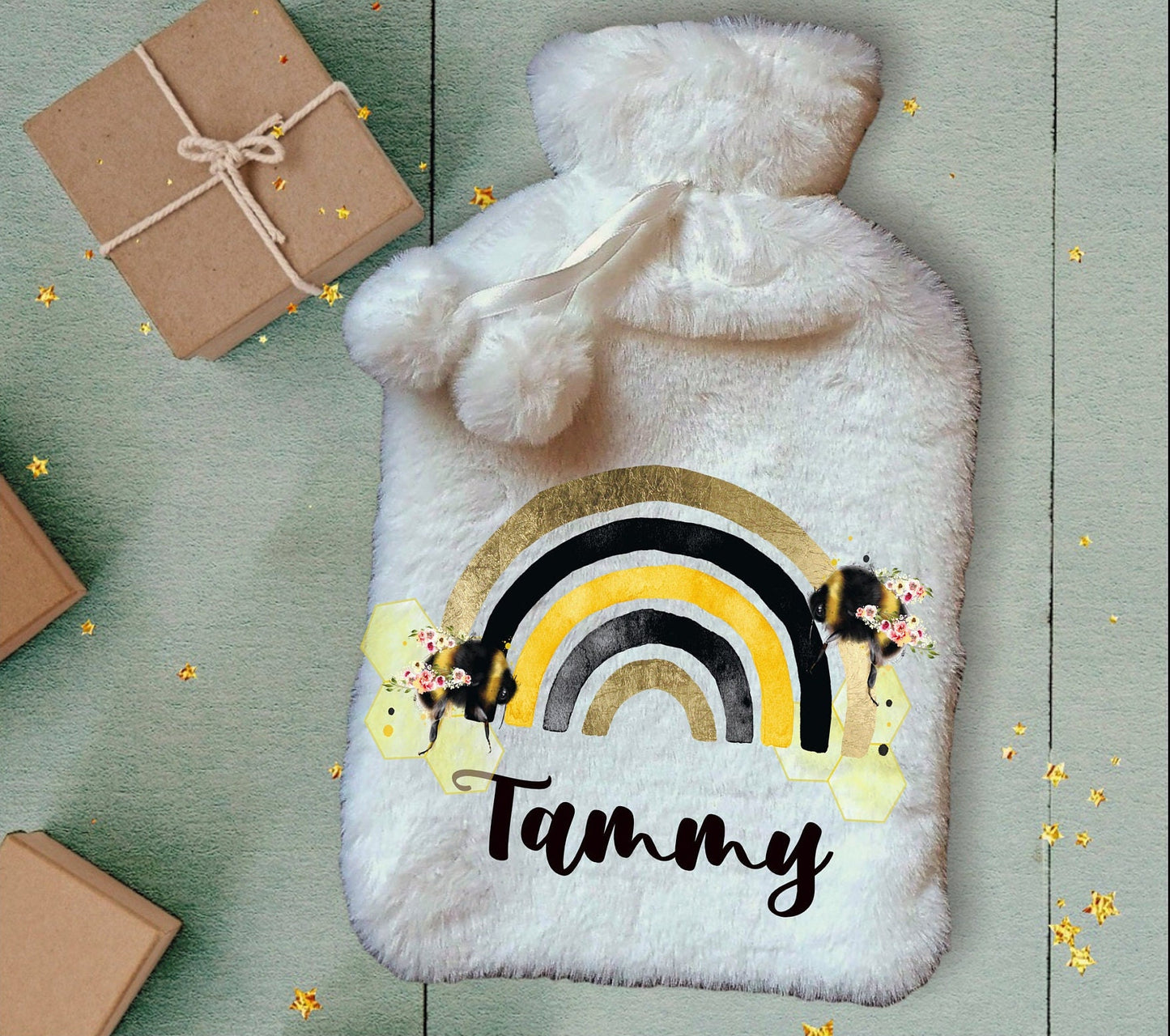 Personalised Hot Water Bottle, Bee Rainbow Design Hot Water Bottle, Personalised Gifts, Deluxe Fluffy Cover