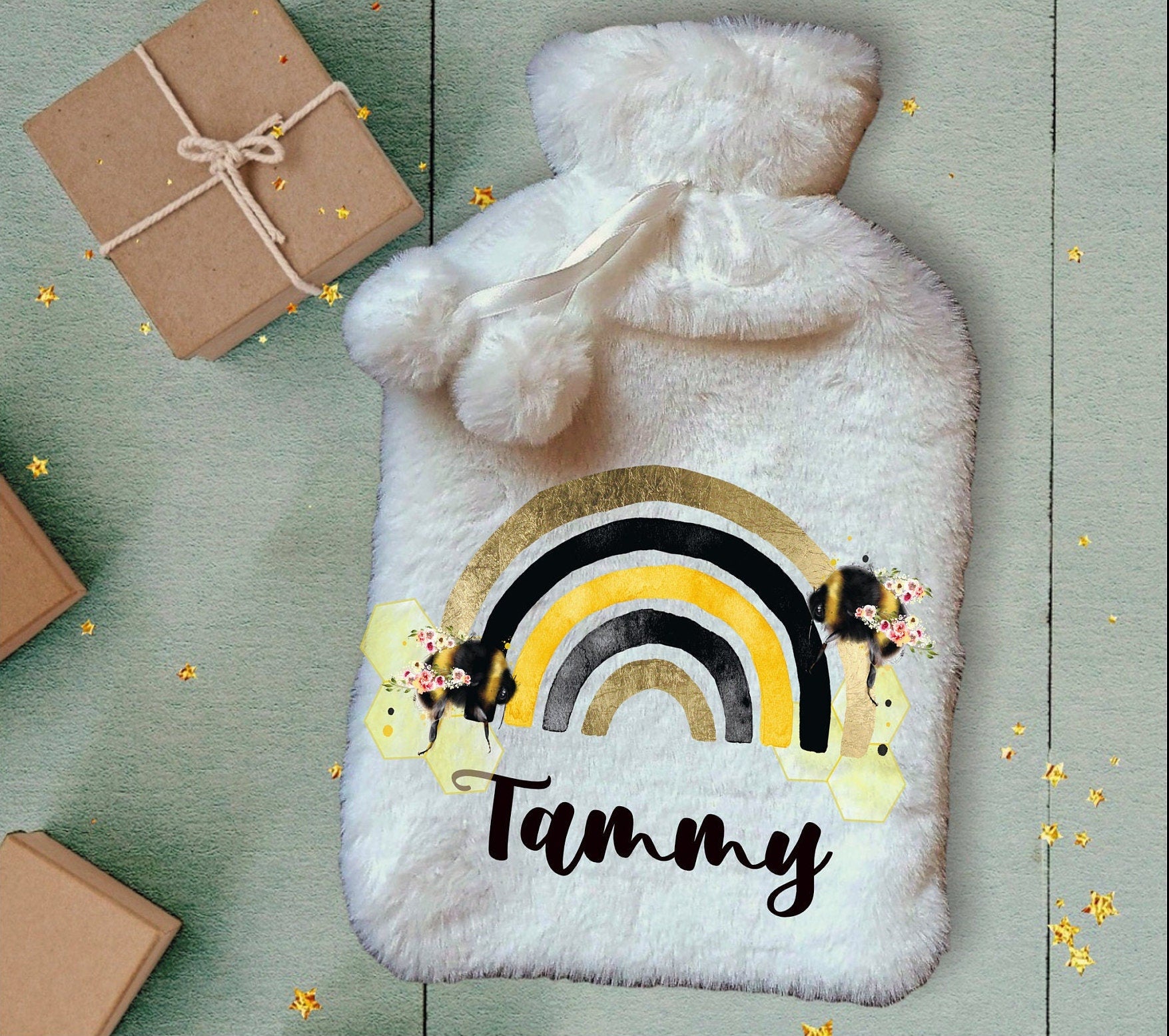 Personalised Hot Water Bottle, Bee Rainbow Design Hot Water Bottle, Personalised Gifts, Deluxe Fluffy Cover