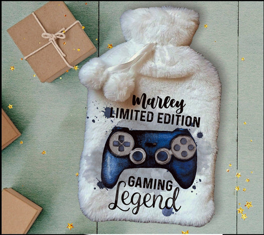 Personalised Hot Water Bottle, Gamer Design Hot Water Bottle, Gaming Legend Hot Water Bottle, Deluxe Fluffy Cover