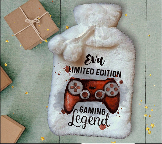Personalised Hot Water Bottle, Gamer Design Hot Water Bottle, Gaming Legend Hot Water Bottle, Deluxe Fluffy Cover